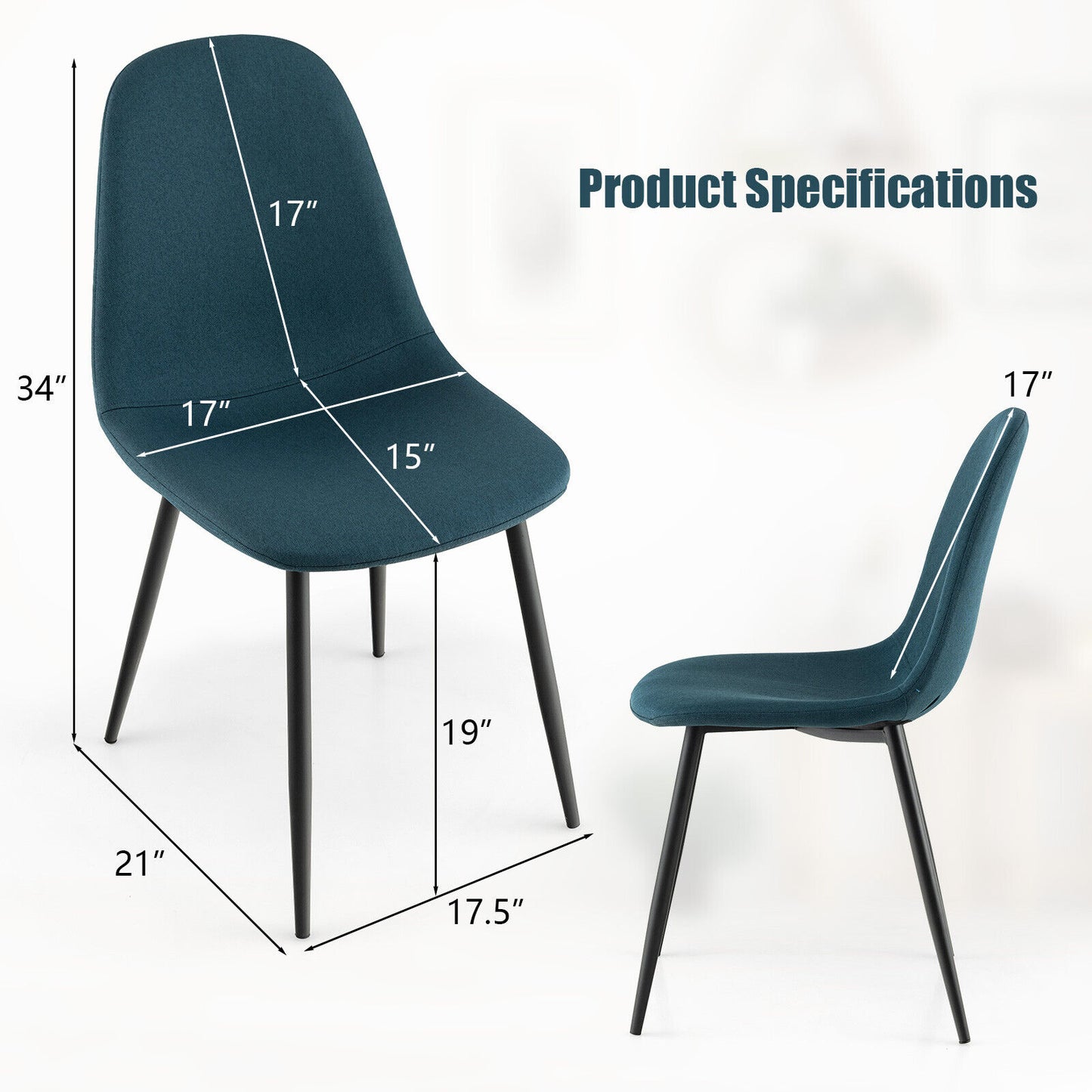 Modern Dining Chair Set of 2 with Metal Legs and Linen Upholstery - Blue
