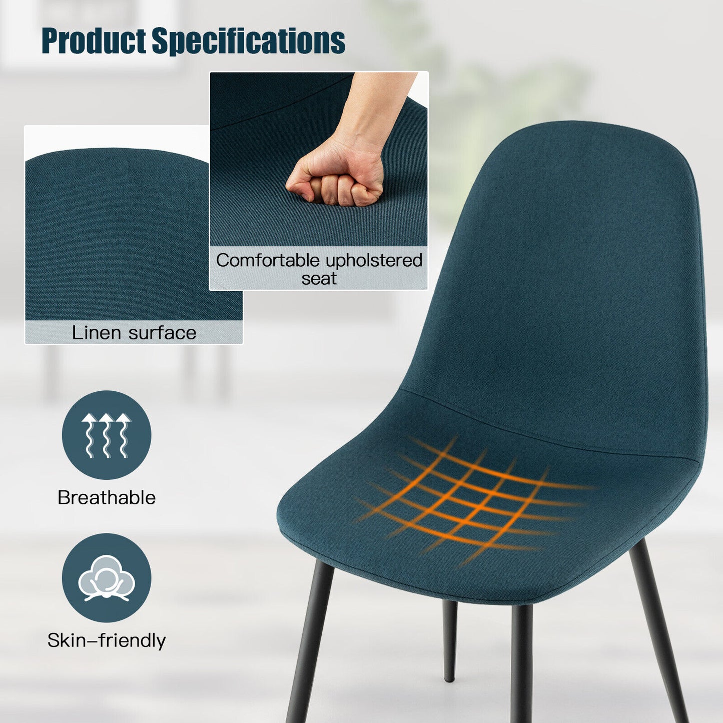 Modern Dining Chair Set of 2 with Metal Legs and Linen Upholstery - Blue