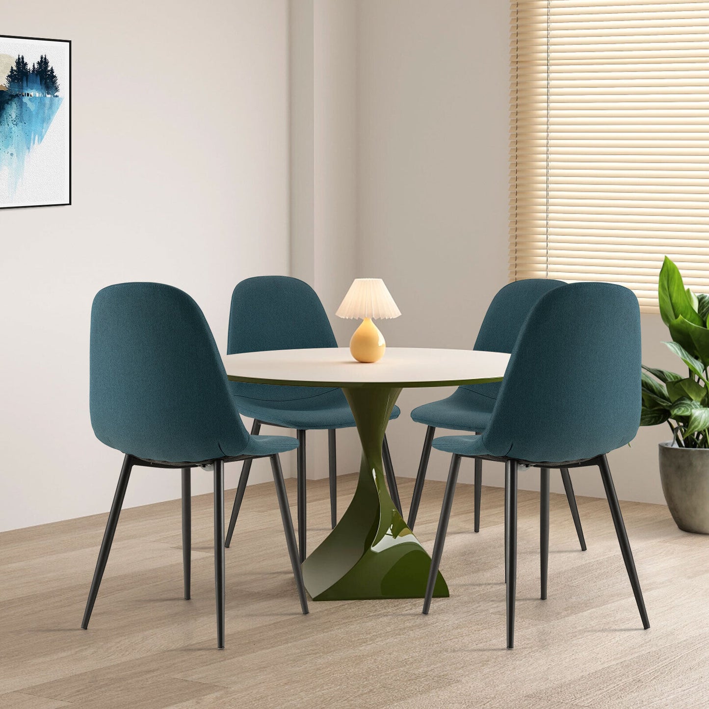 Modern Dining Chair Set of 2 with Metal Legs and Linen Upholstery - Blue