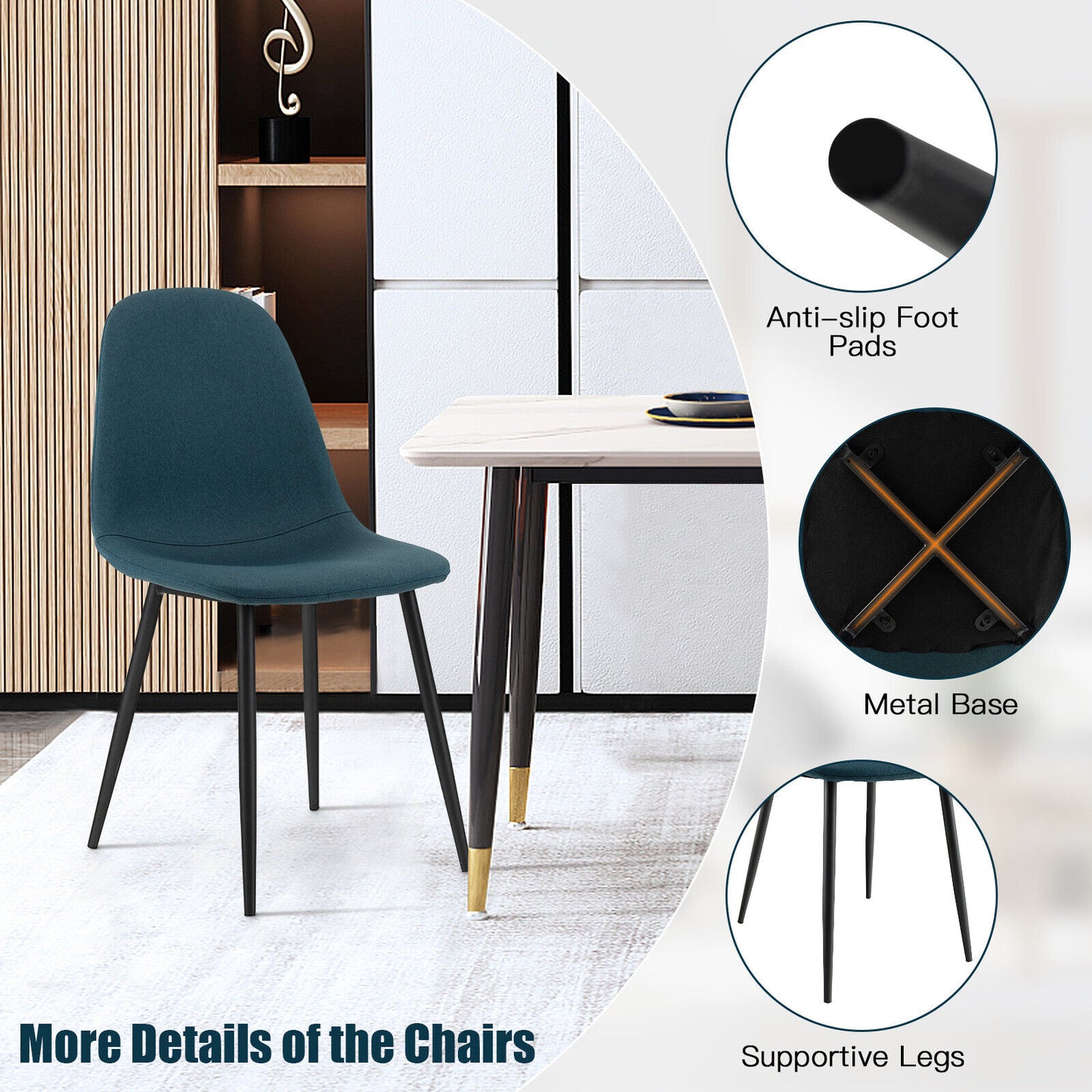 Modern Dining Chair Set of 2 with Metal Legs and Linen Upholstery - Blue