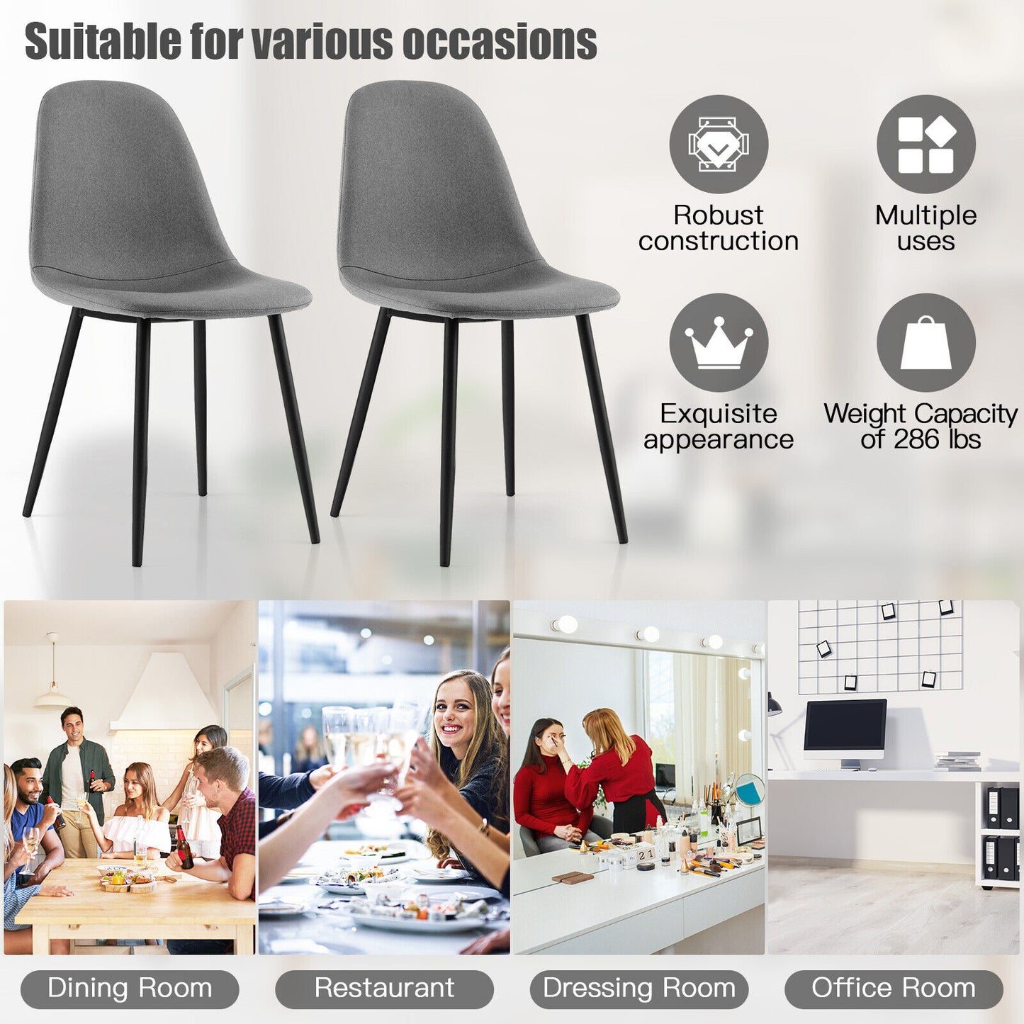 Modern Dining Chair Set of 2 with Metal Legs and Linen Upholstery - Grey