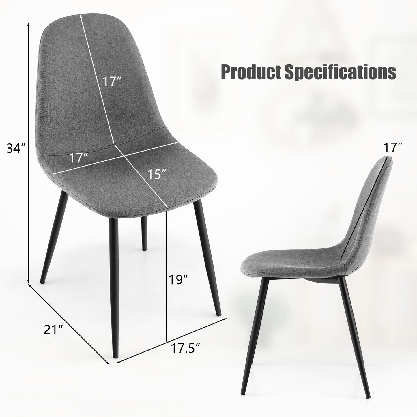 Modern Dining Chair Set of 2 with Metal Legs and Linen Upholstery - Grey