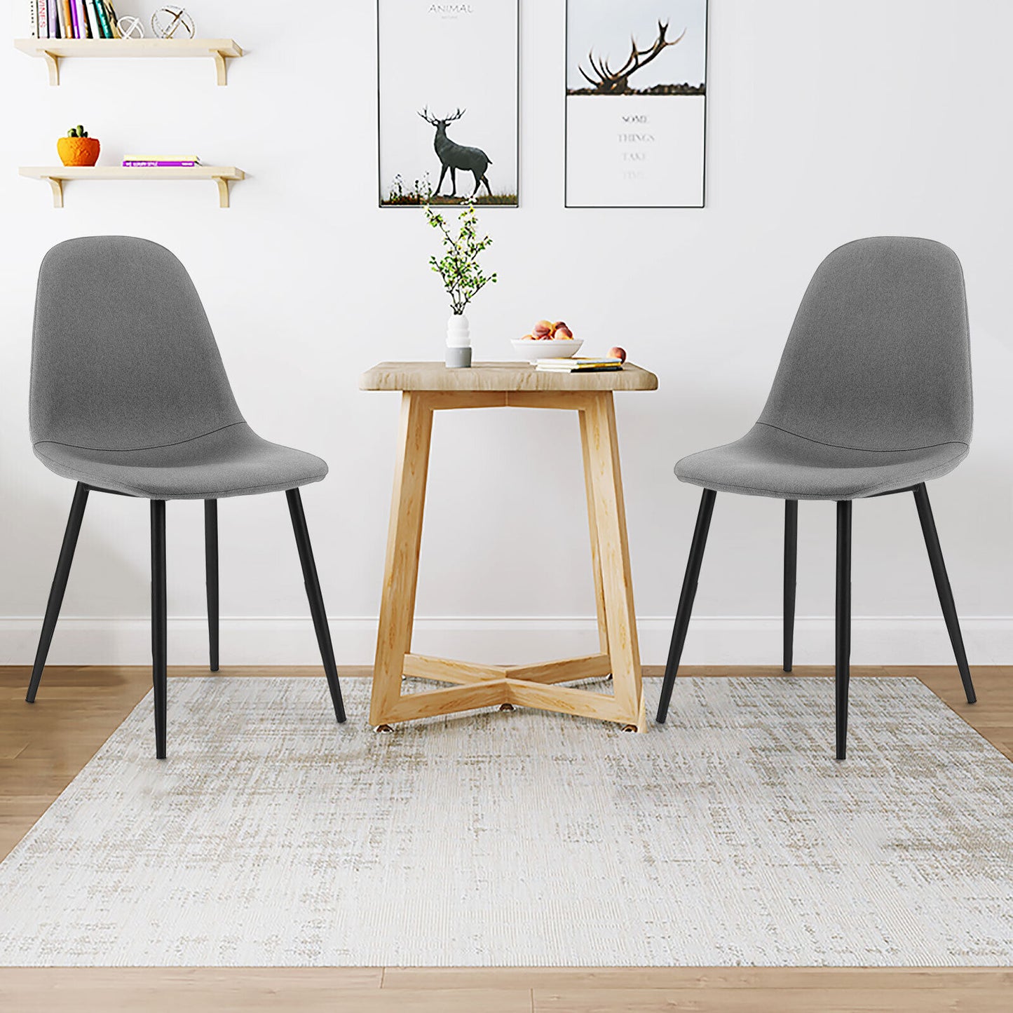 Modern Dining Chair Set of 2 with Metal Legs and Linen Upholstery - Grey