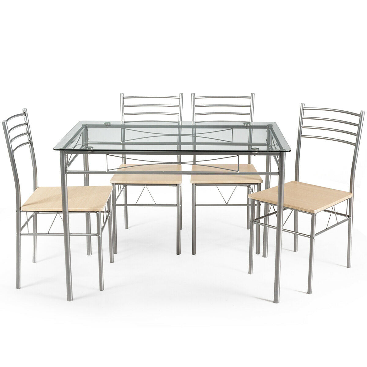 Modern 5 Piece Glass Dining Set with Metal Frame and Comfortable High Back Chairs