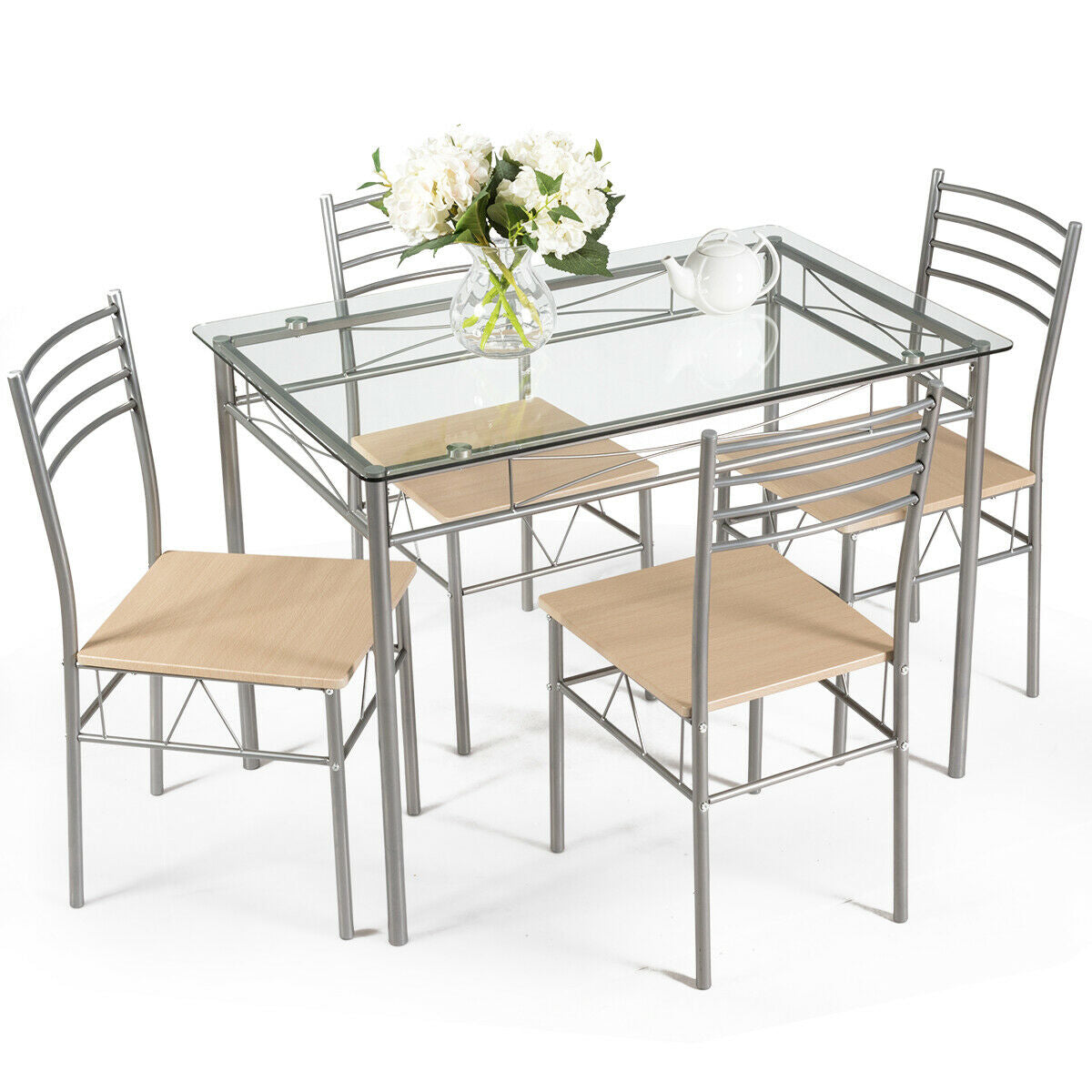 Modern 5 Piece Glass Dining Set with Metal Frame and Comfortable High Back Chairs