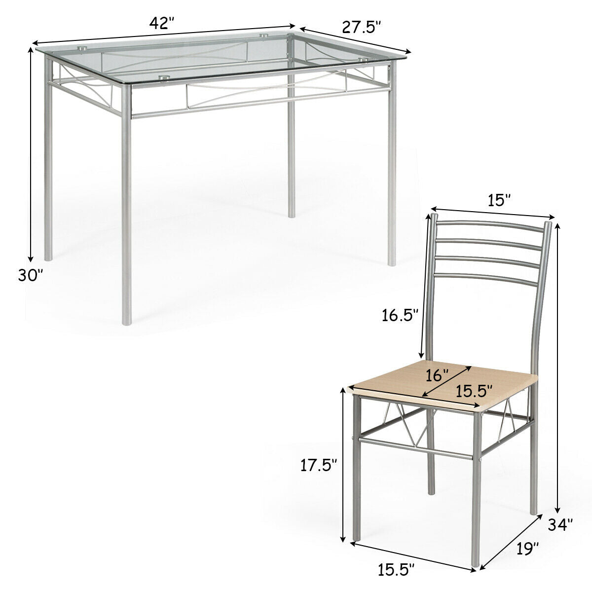 Modern 5 Piece Glass Dining Set with Metal Frame and Comfortable High Back Chairs