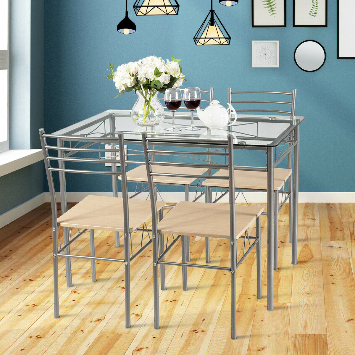 Modern 5 Piece Glass Dining Set with Metal Frame and Comfortable High Back Chairs