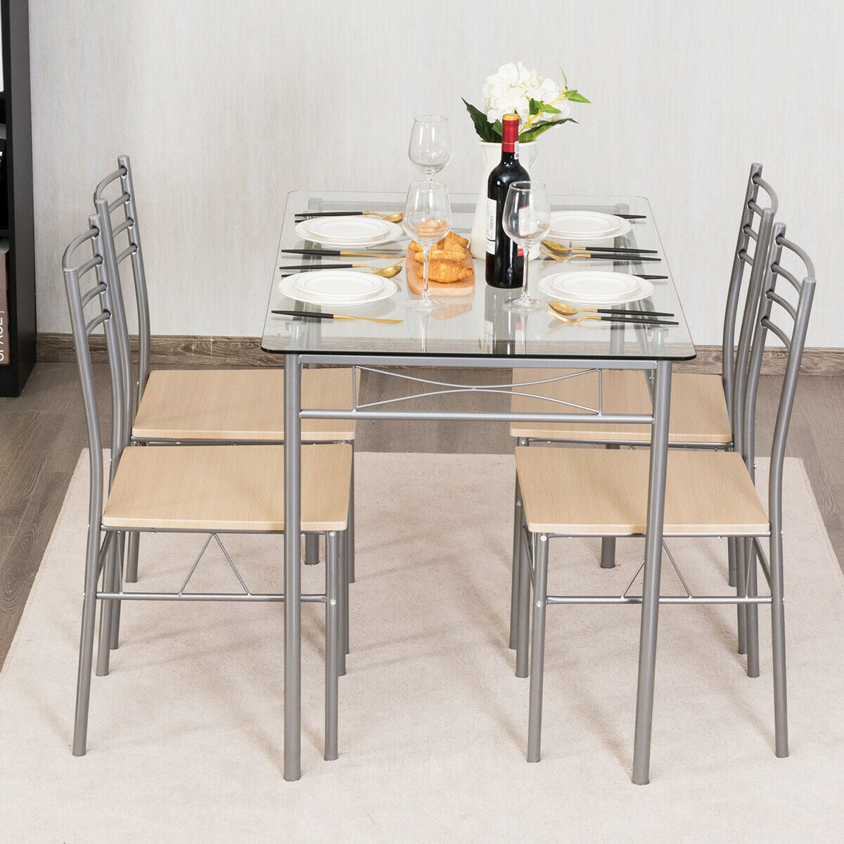 Modern 5 Piece Glass Dining Set with Metal Frame and Comfortable High Back Chairs