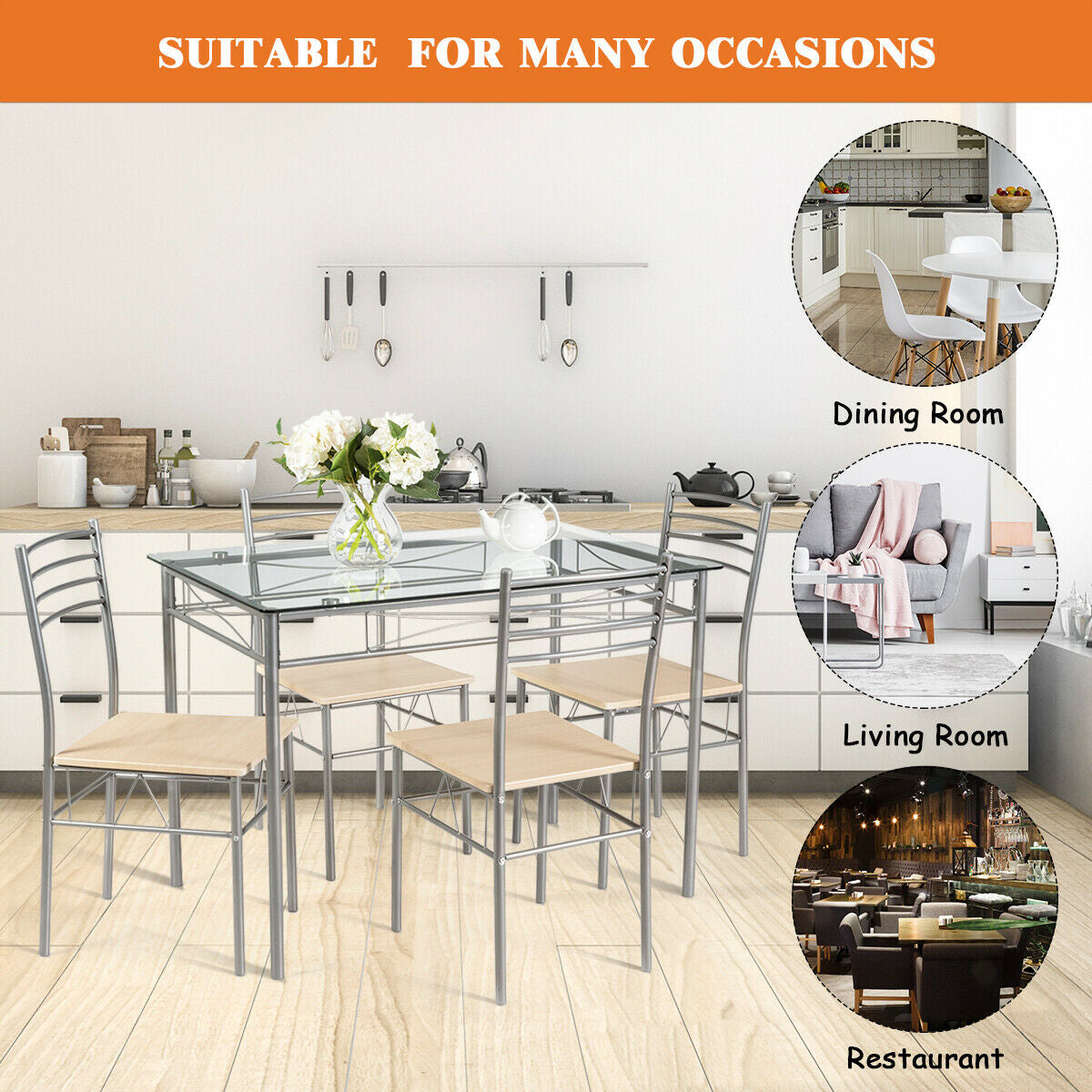 Modern 5 Piece Glass Dining Set with Metal Frame and Comfortable High Back Chairs