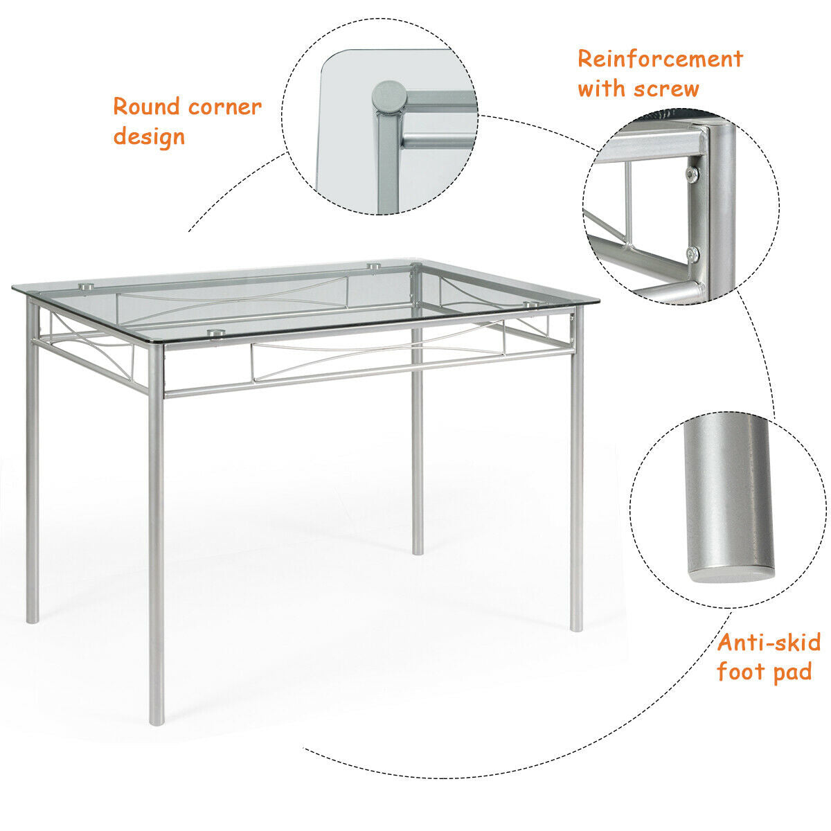 Modern 5 Piece Glass Dining Set with Metal Frame and Comfortable High Back Chairs