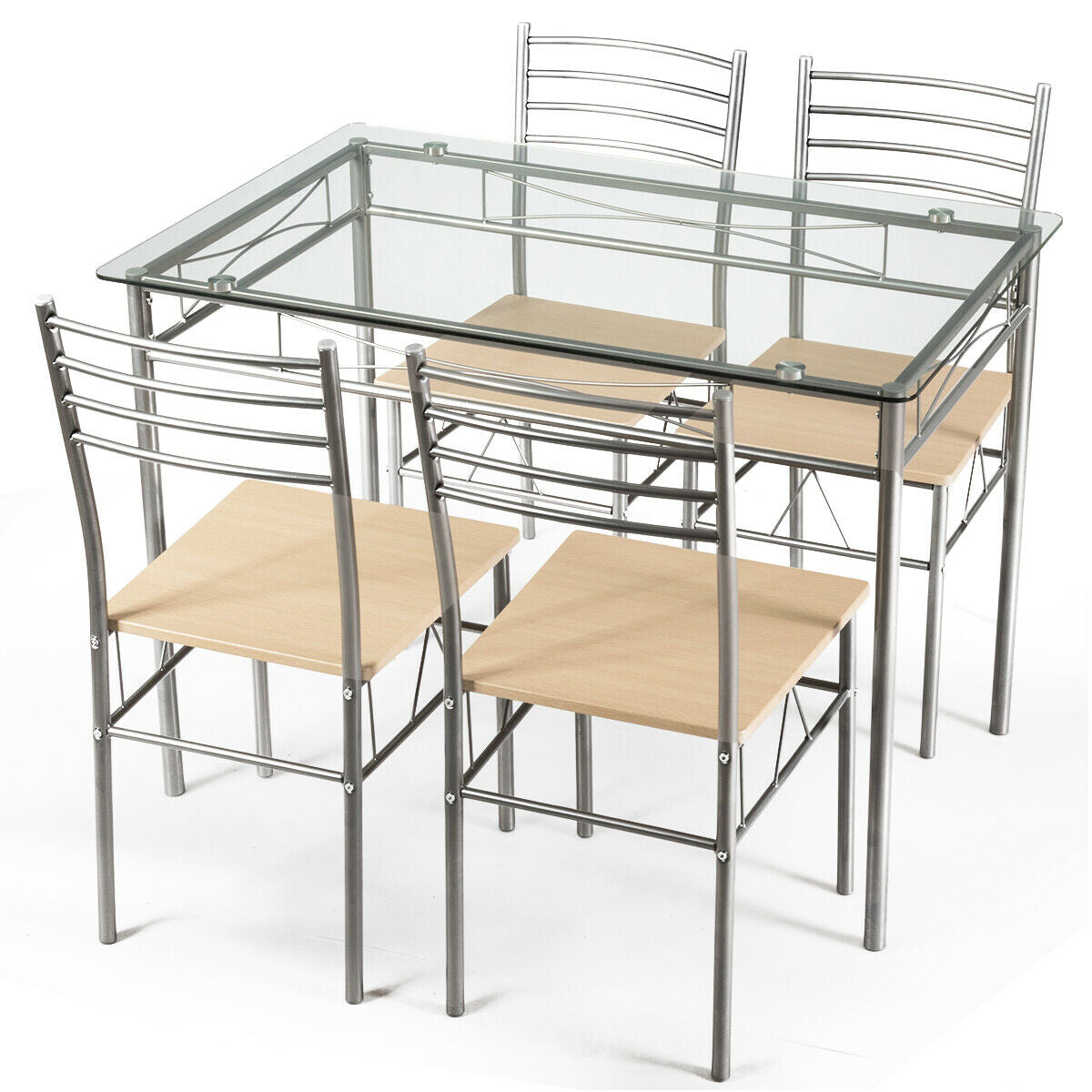 Modern 5 Piece Glass Dining Set with Metal Frame and Comfortable High Back Chairs