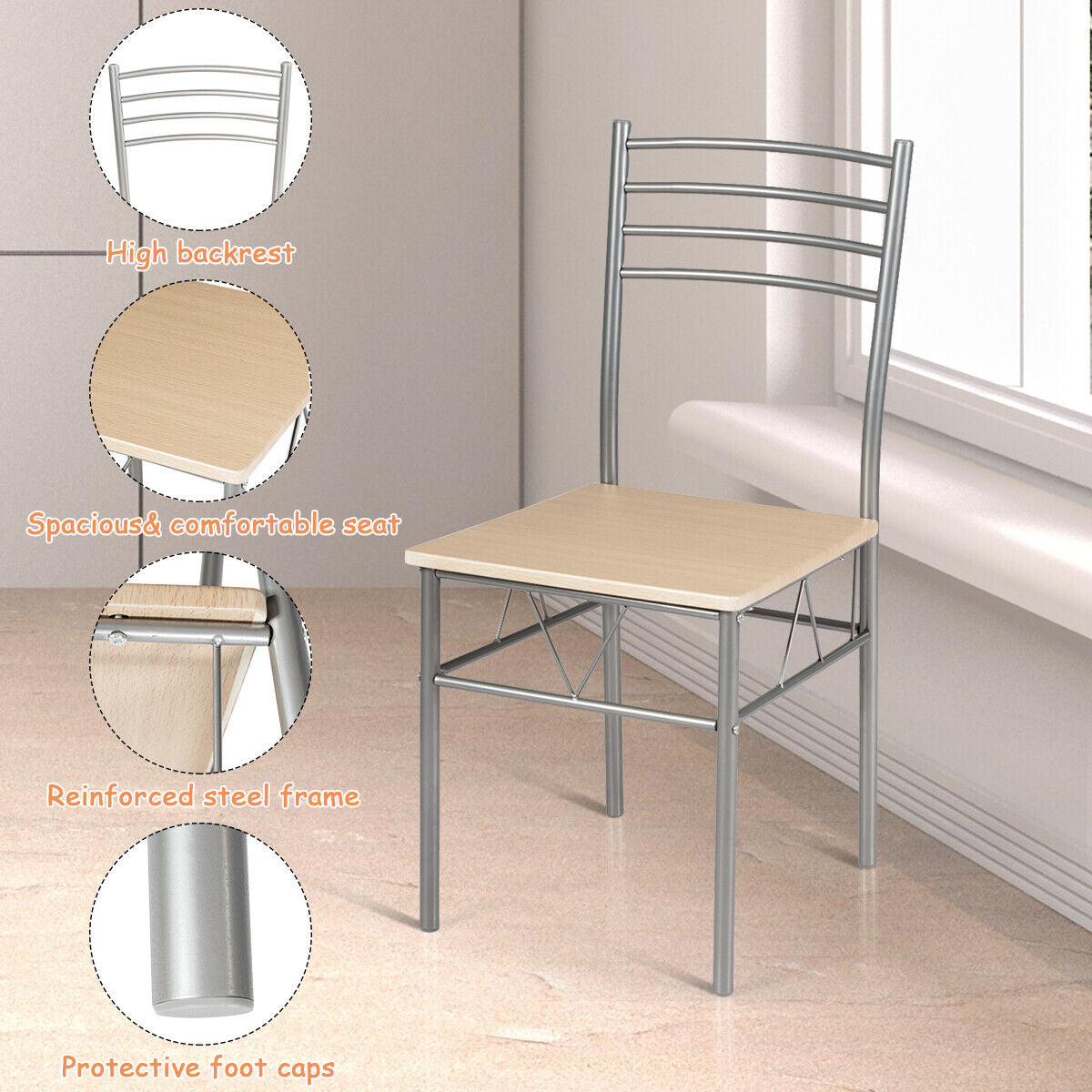 Modern 5 Piece Glass Dining Set with Metal Frame and Comfortable High Back Chairs
