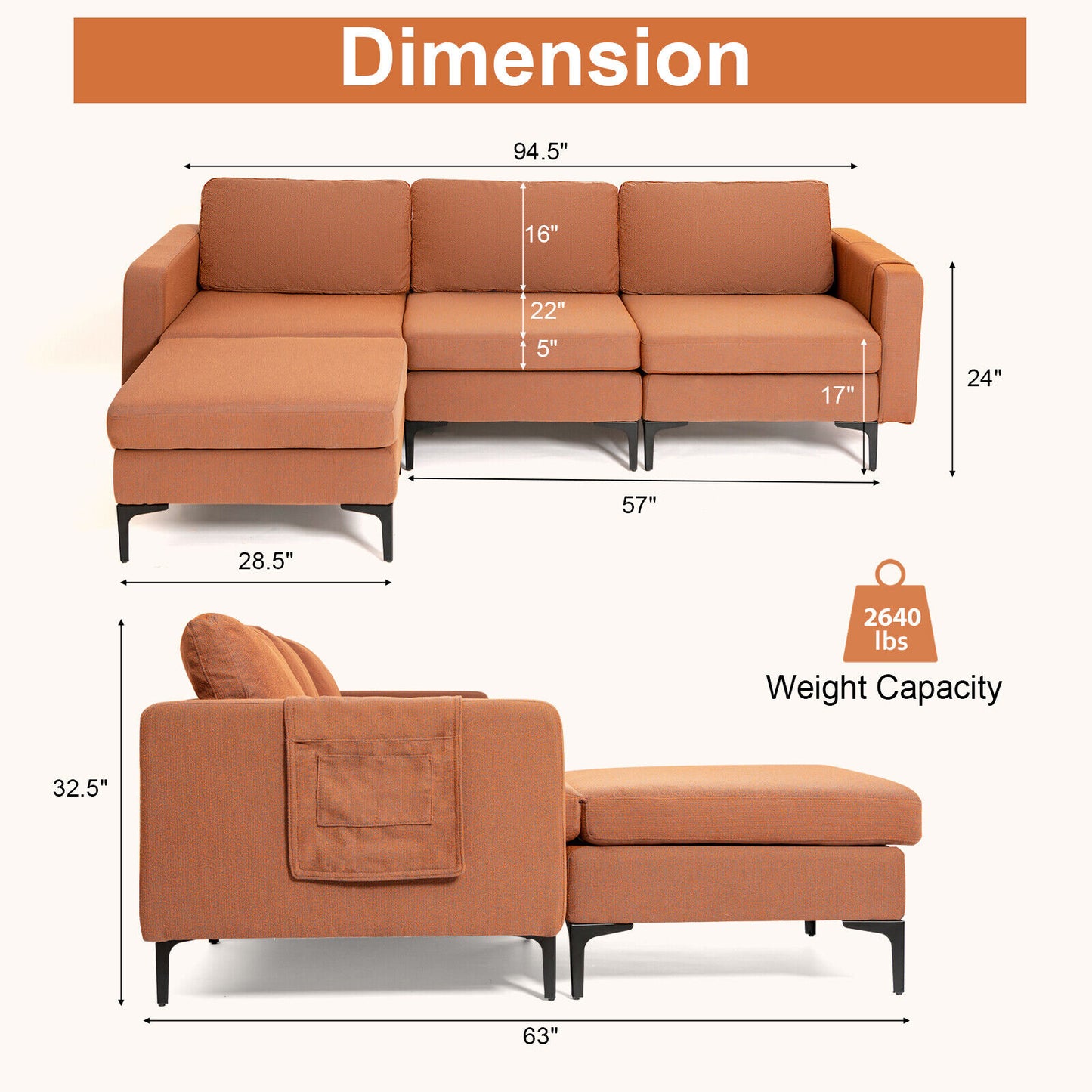 Modular L-Shaped Sectional Sofa with Reversible Chaise, Built-In USB Ports - Orange
