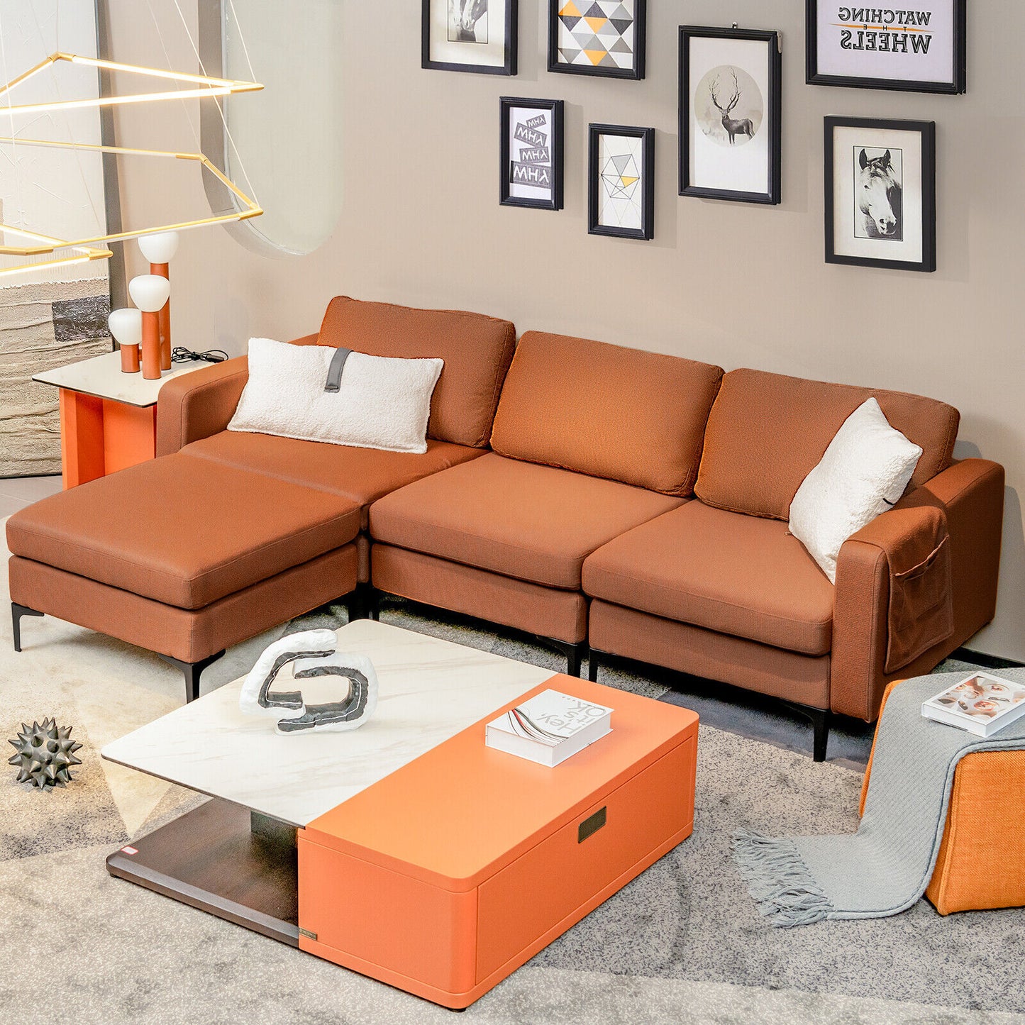 Modular L-Shaped Sectional Sofa with Reversible Chaise, Built-In USB Ports - Orange