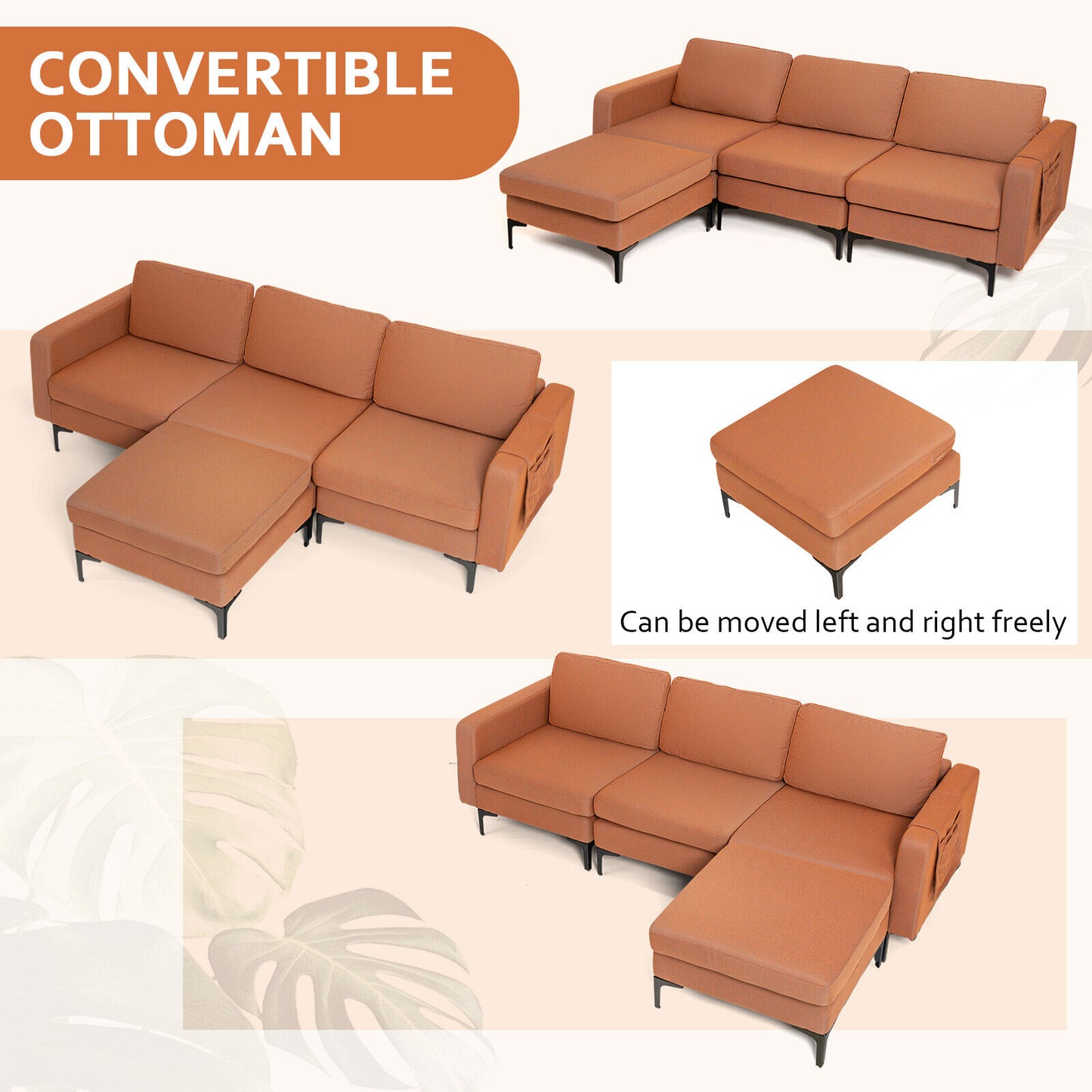 Modular L-Shaped Sectional Sofa with Reversible Chaise, Built-In USB Ports - Orange