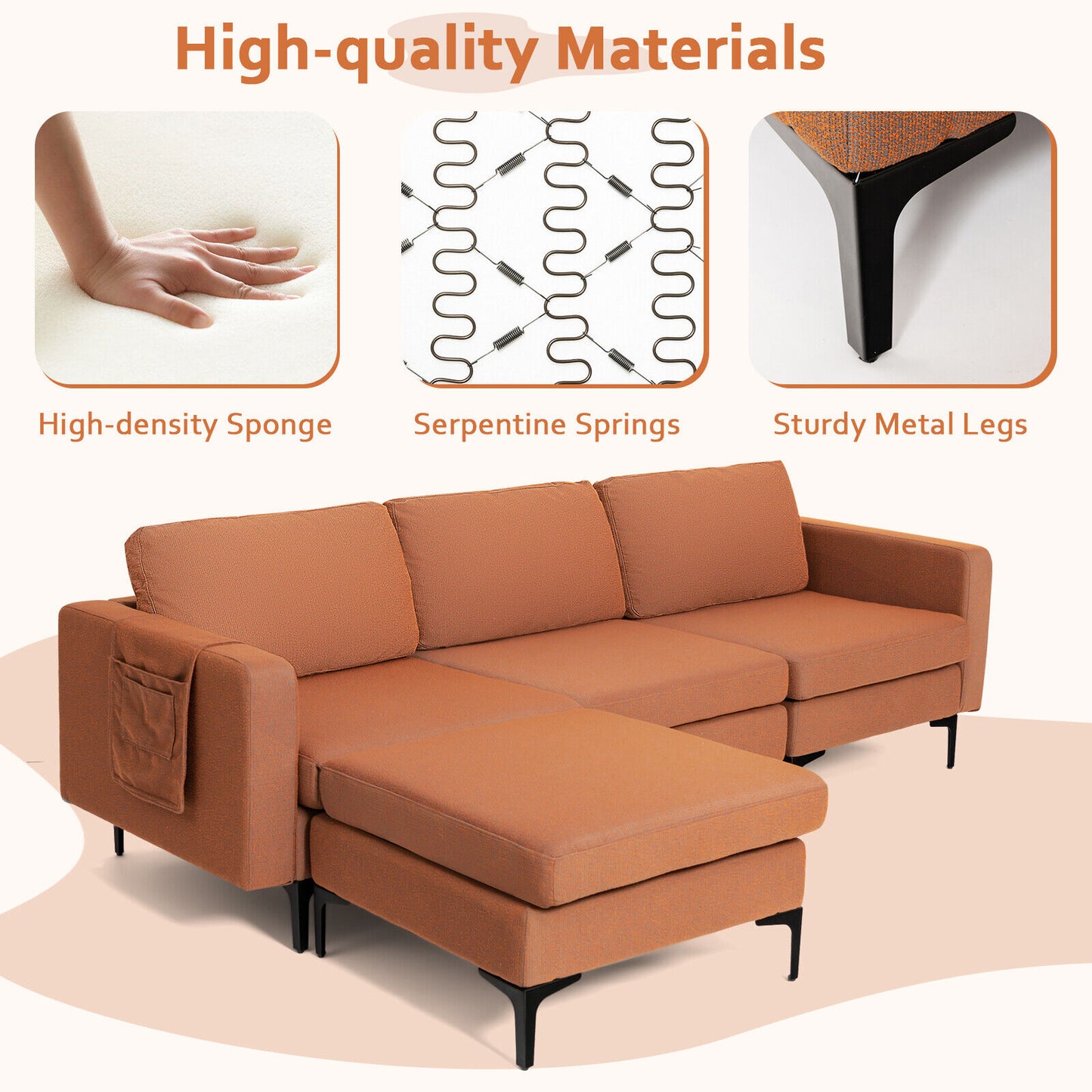 Modular L-Shaped Sectional Sofa with Reversible Chaise, Built-In USB Ports - Orange