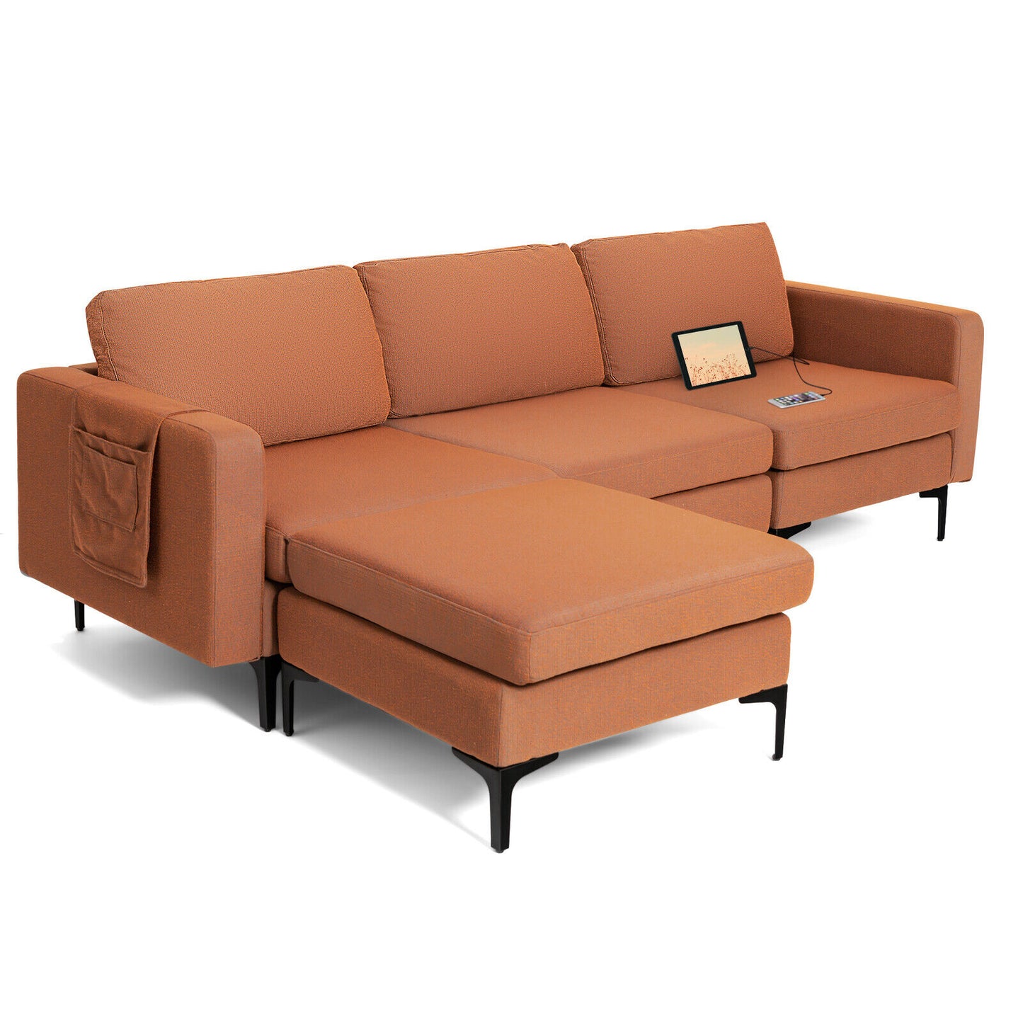 Modular L-Shaped Sectional Sofa with Reversible Chaise, Built-In USB Ports - Orange