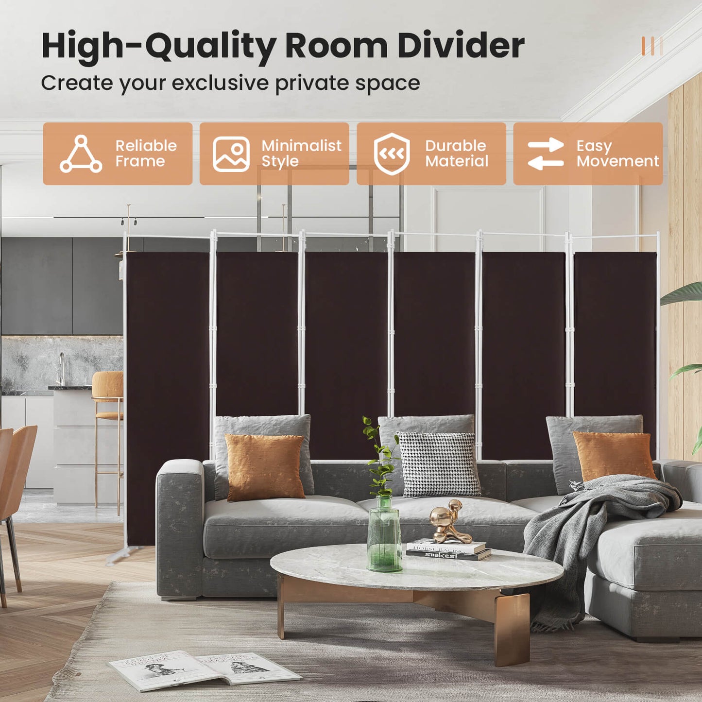 Elegant 6 Panel Folding Privacy Screen Room Divider - Brown