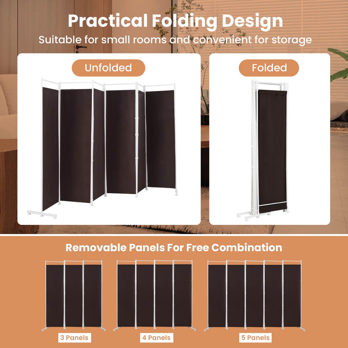 Elegant 6 Panel Folding Privacy Screen Room Divider - Brown