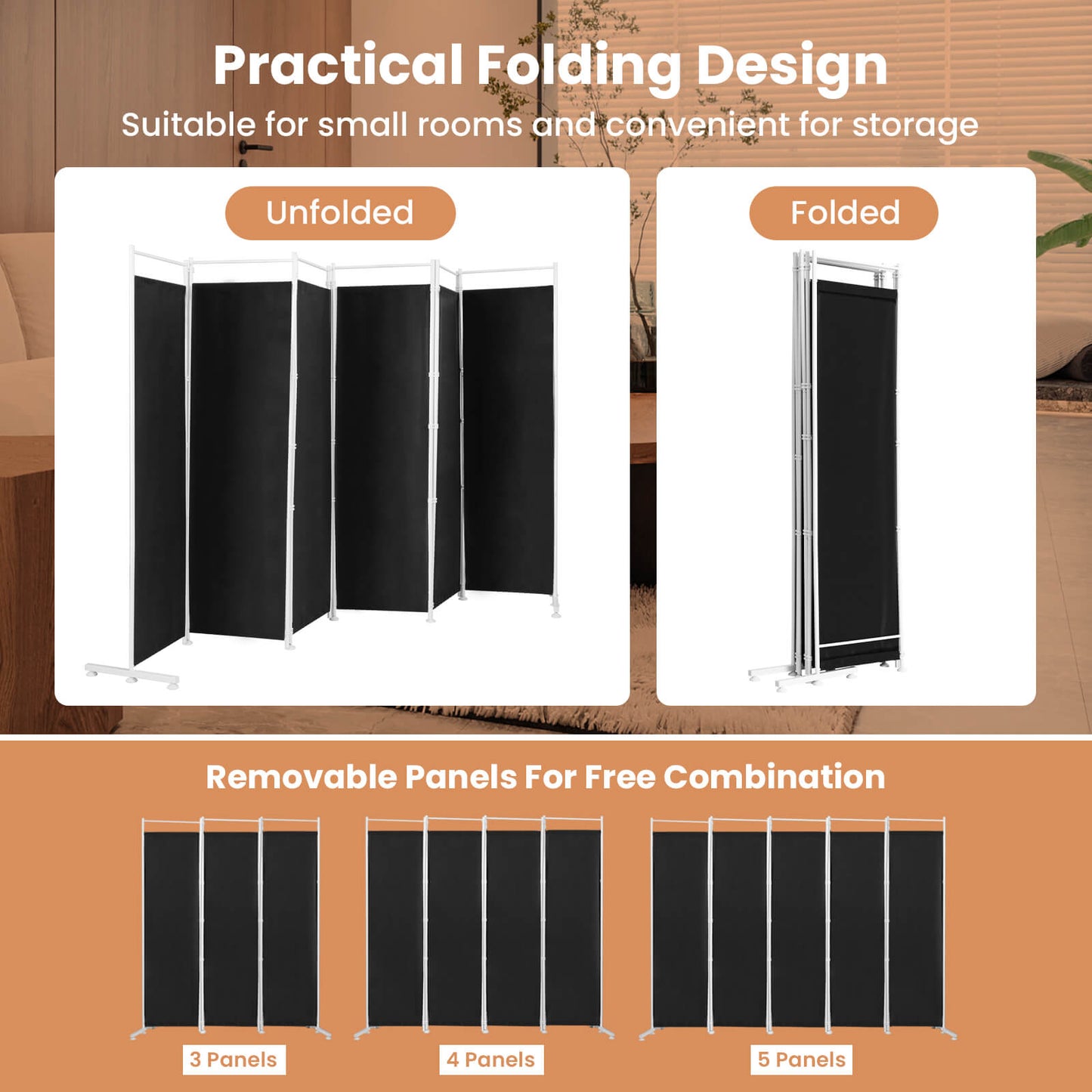 Elegant 6 Panel Folding Privacy Screen Room Divider - Black