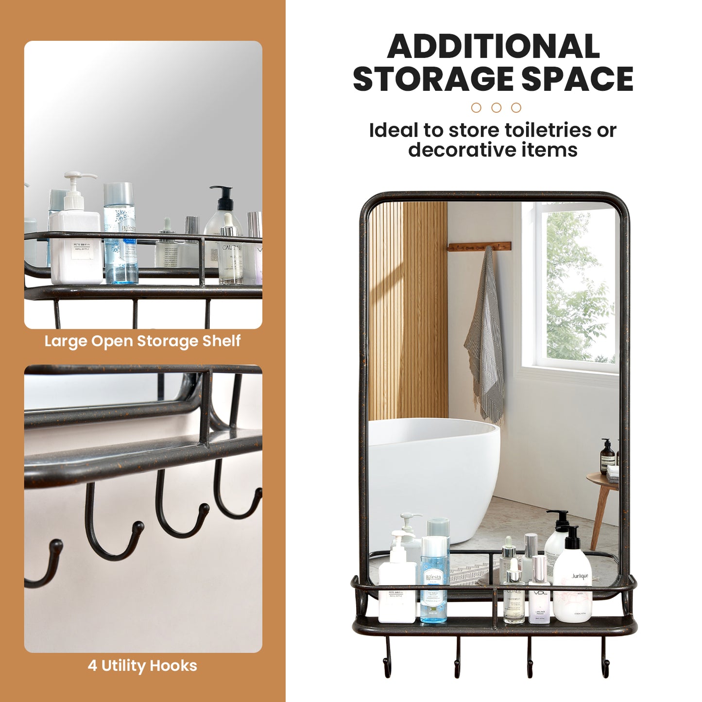Wall-Mounted Mirror with Shelf & Hooks – Sturdy Metal Frame for Home Use