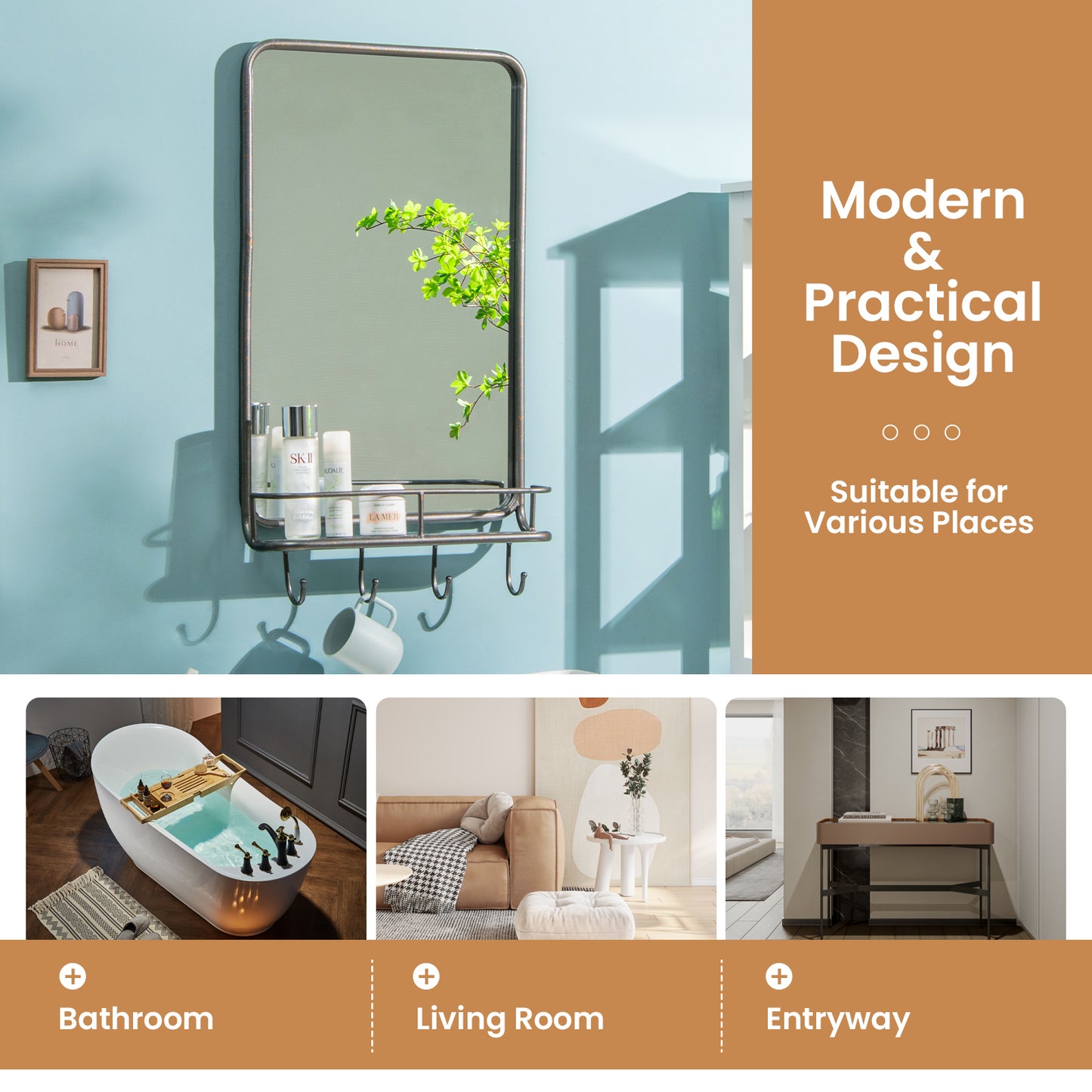 Wall-Mounted Mirror with Shelf & Hooks – Sturdy Metal Frame for Home Use