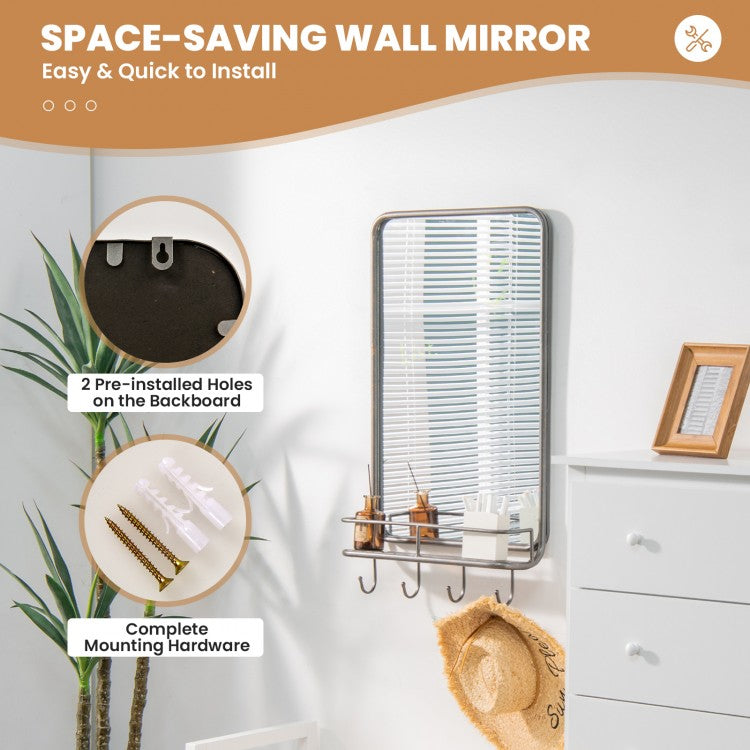 Wall-Mounted Mirror with Shelf & Hooks – Sturdy Metal Frame for Home Use