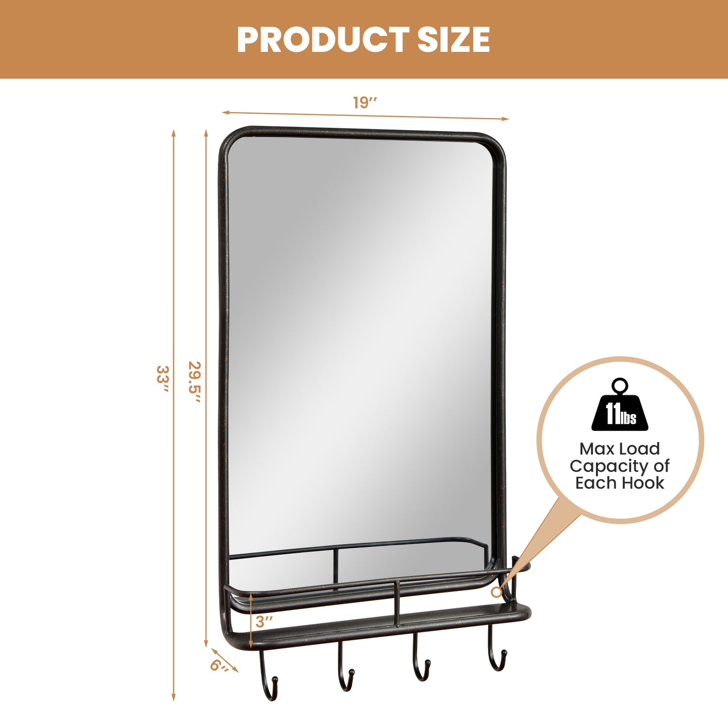 Wall-Mounted Mirror with Shelf & Hooks – Sturdy Metal Frame for Home Use