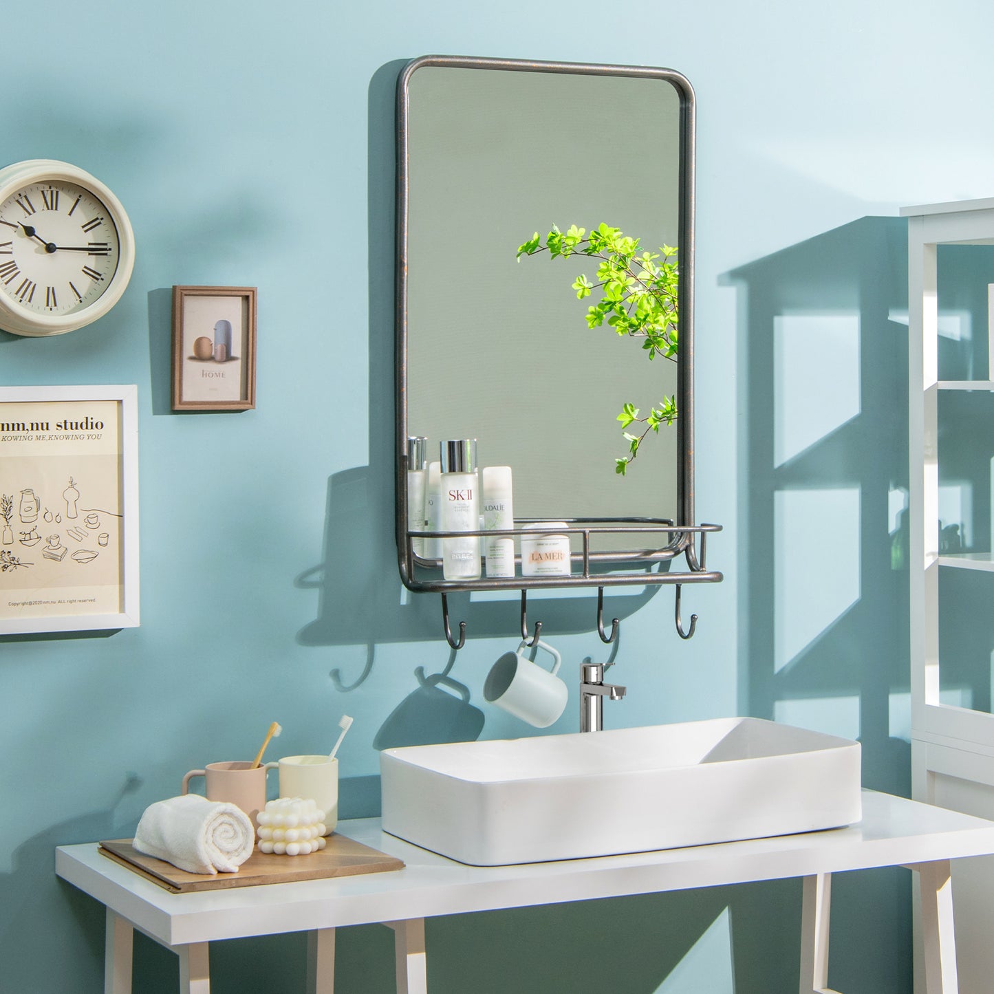 Wall-Mounted Mirror with Shelf & Hooks – Sturdy Metal Frame for Home Use