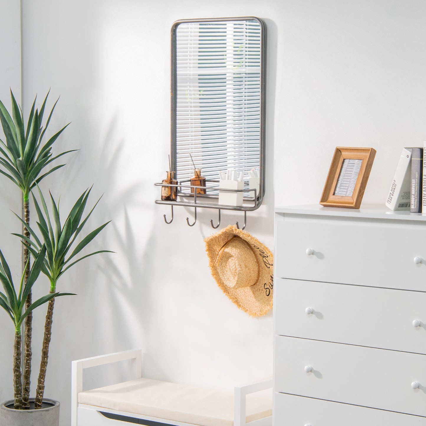 Wall-Mounted Mirror with Shelf & Hooks – Sturdy Metal Frame for Home Use