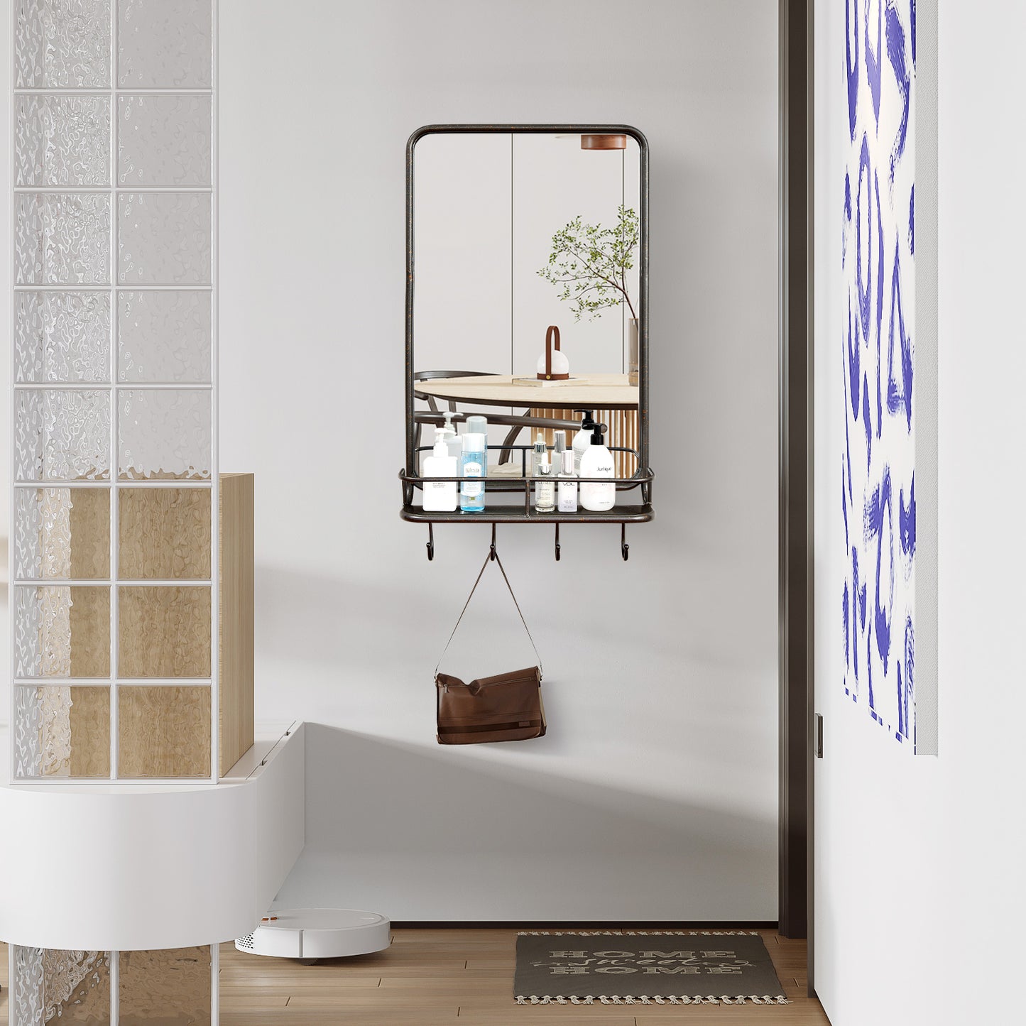 Wall-Mounted Mirror with Shelf & Hooks – Sturdy Metal Frame for Home Use