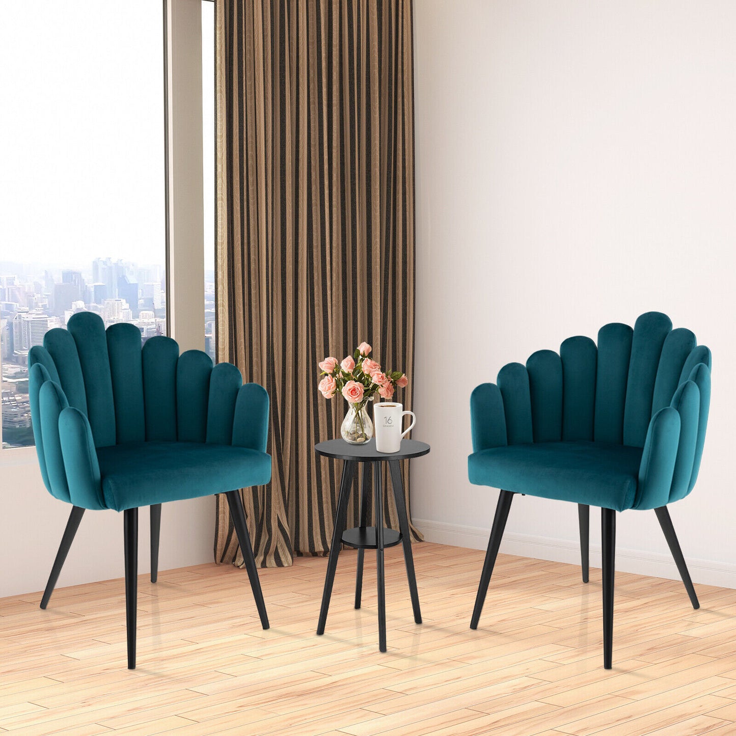 Elegant Velvet Dining Chair with Ergonomic Petal Backrest and Sturdy Metal Base - Teal