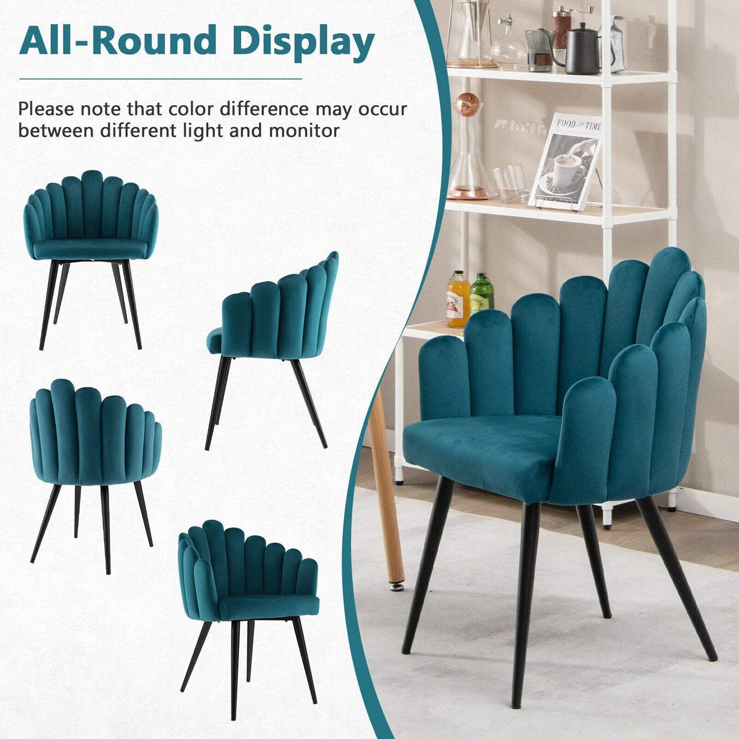 Elegant Velvet Dining Chair with Ergonomic Petal Backrest and Sturdy Metal Base - Teal