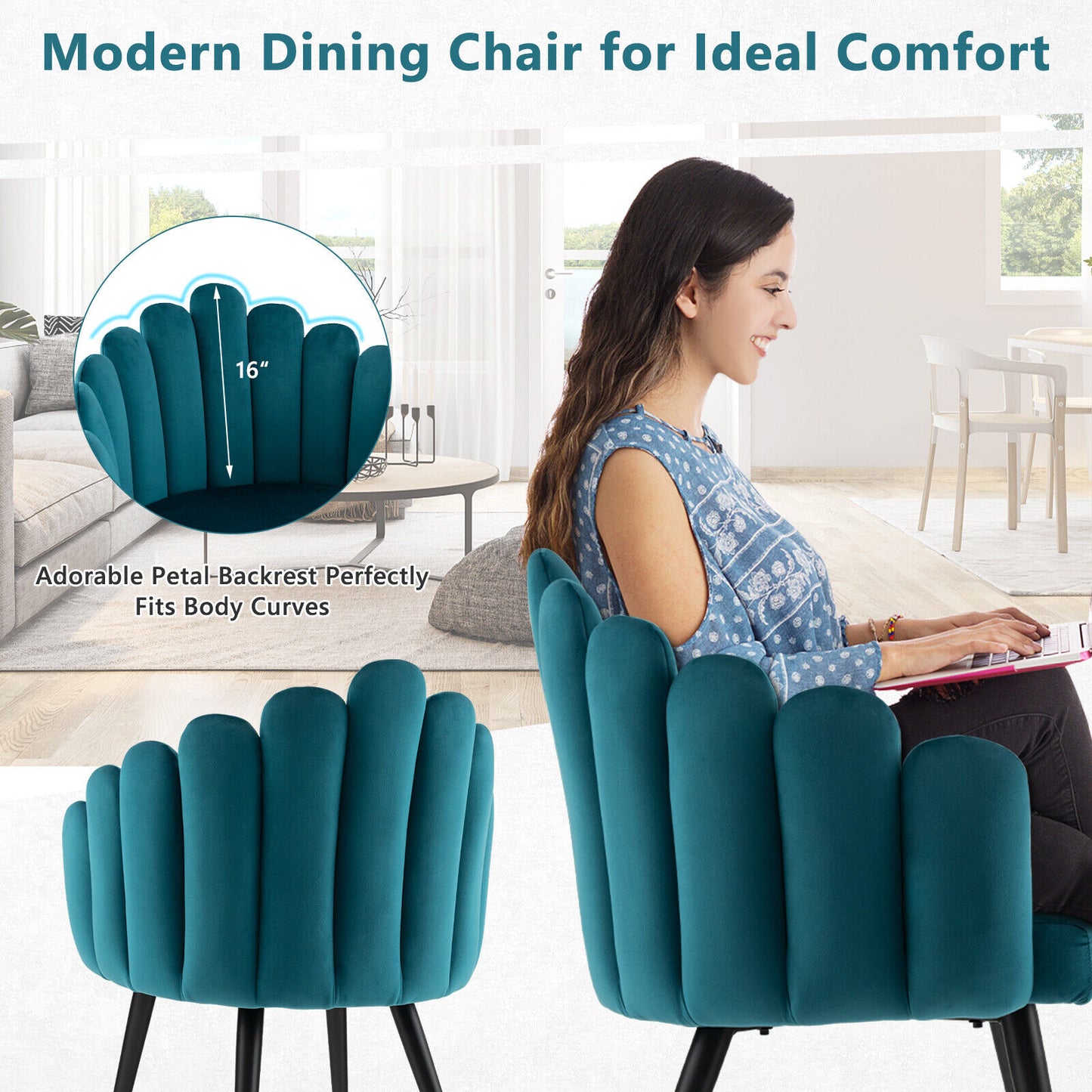 Elegant Velvet Dining Chair with Ergonomic Petal Backrest and Sturdy Metal Base - Teal