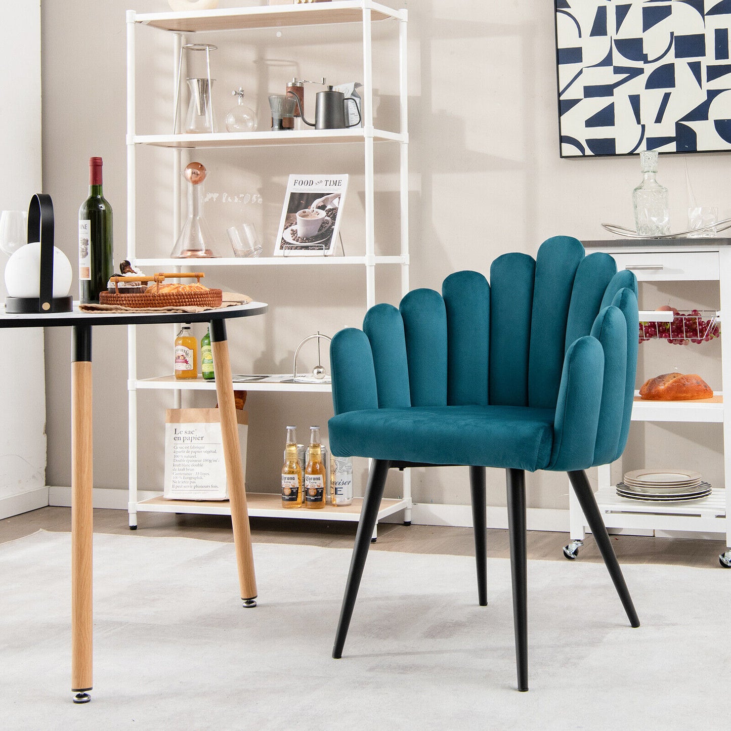 Elegant Velvet Dining Chair with Ergonomic Petal Backrest and Sturdy Metal Base - Teal