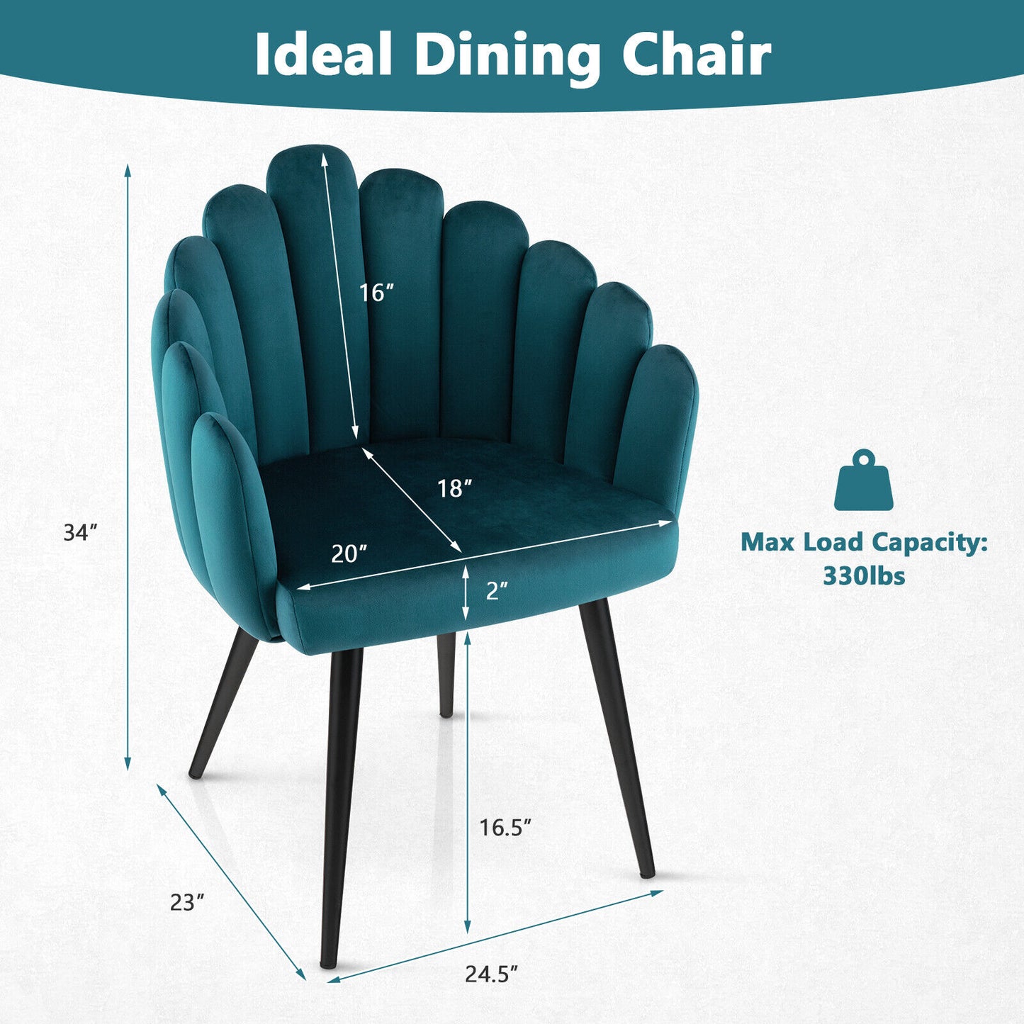 Elegant Velvet Dining Chair with Ergonomic Petal Backrest and Sturdy Metal Base - Teal