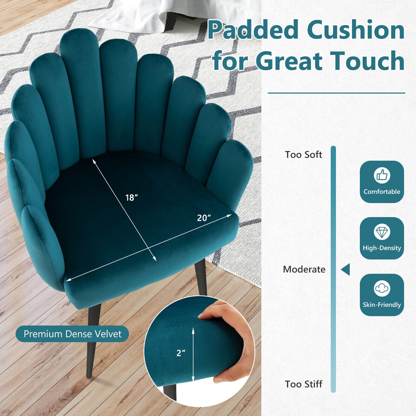 Elegant Velvet Dining Chair with Ergonomic Petal Backrest and Sturdy Metal Base - Teal