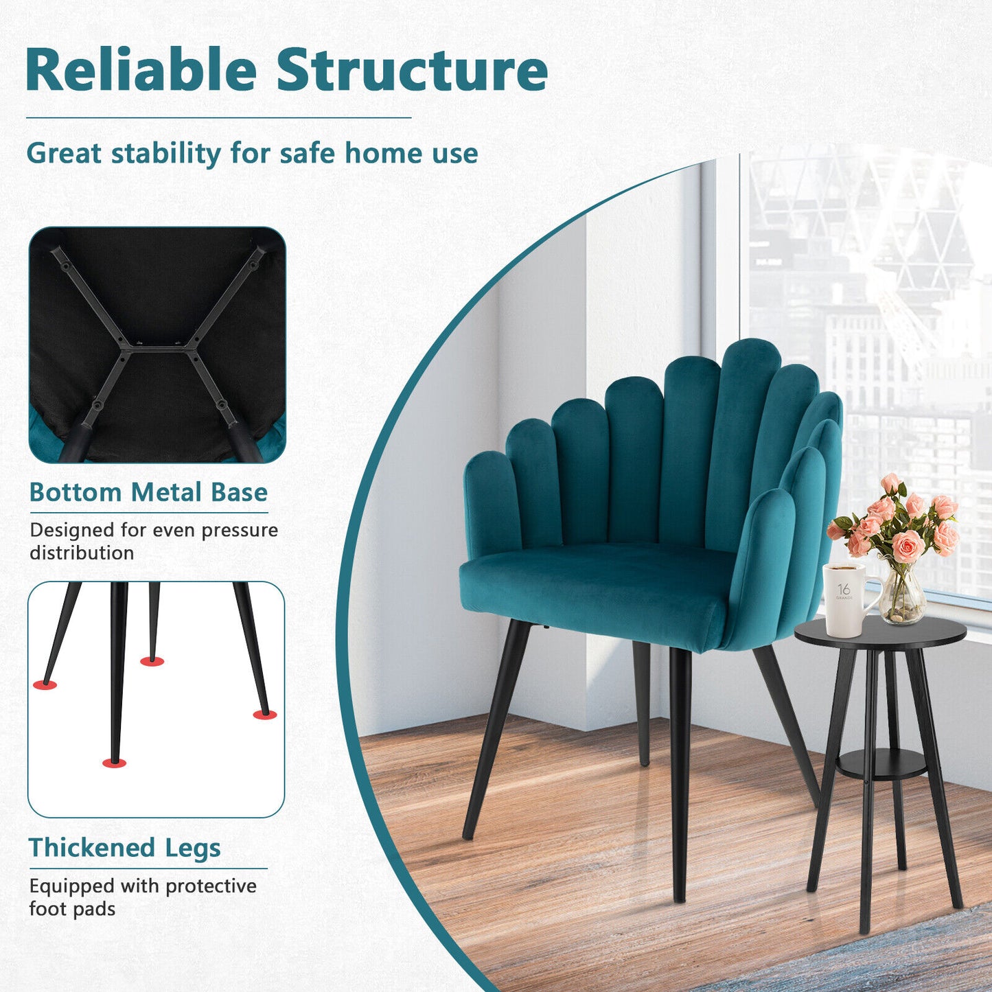 Elegant Velvet Dining Chair with Ergonomic Petal Backrest and Sturdy Metal Base - Teal