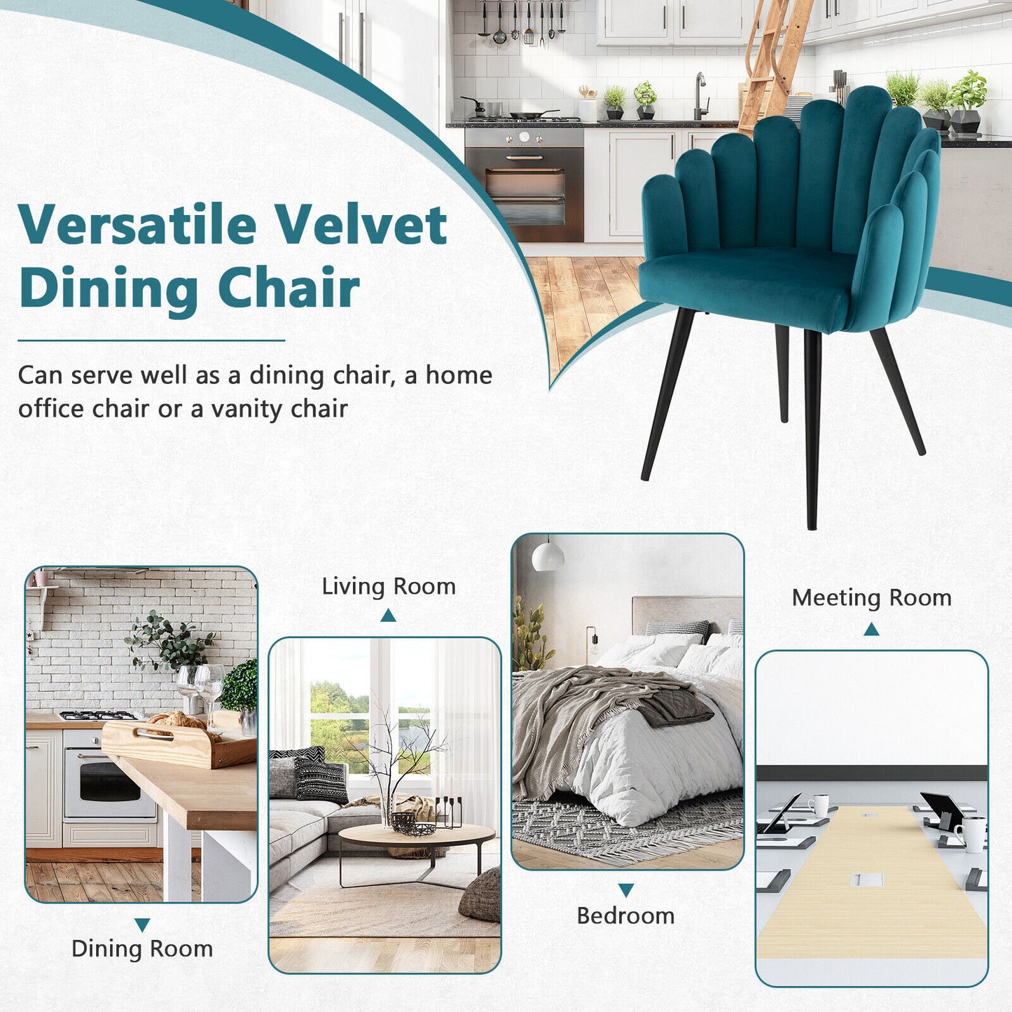 Elegant Velvet Dining Chair with Ergonomic Petal Backrest and Sturdy Metal Base - Teal