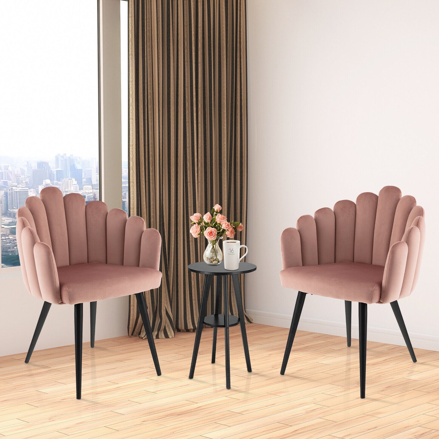 Elegant Velvet Dining Chair with Ergonomic Petal Backrest and Sturdy Metal Base - Pink