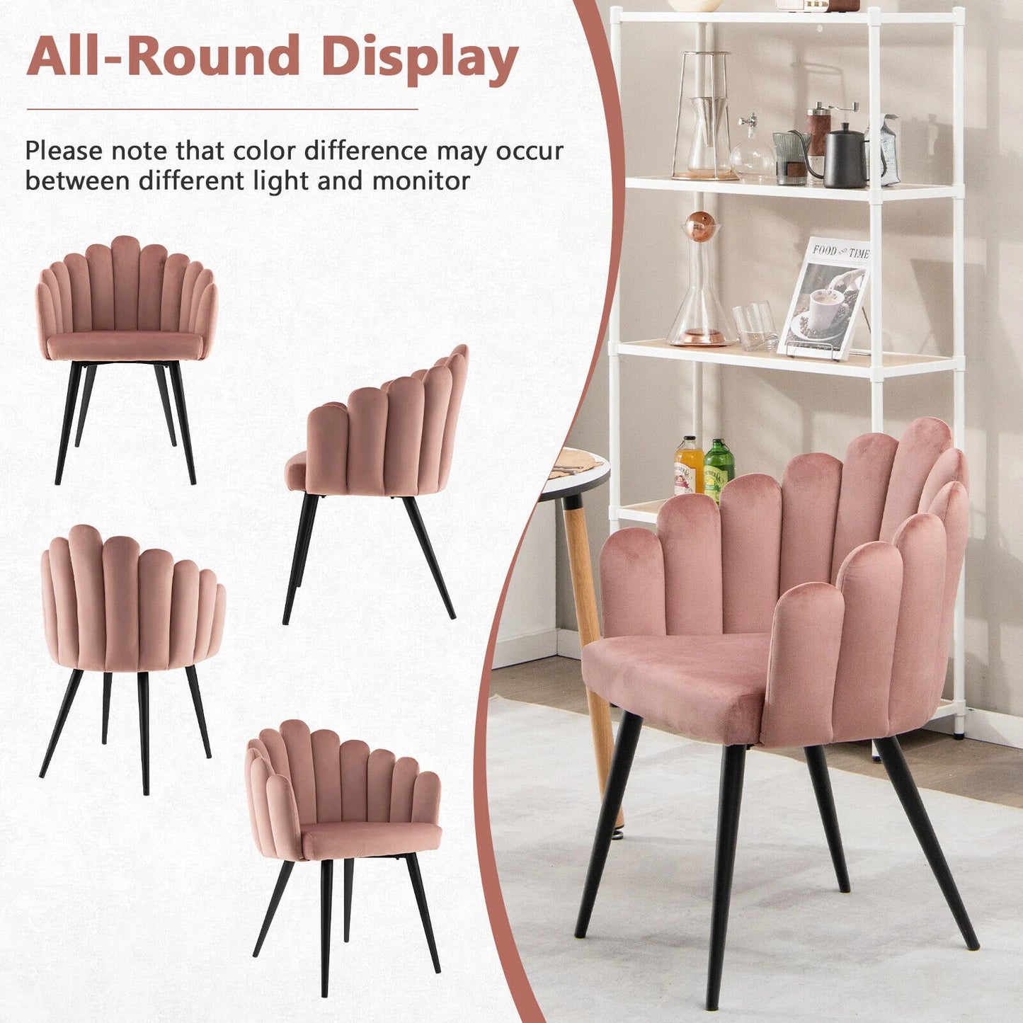 Elegant Velvet Dining Chair with Ergonomic Petal Backrest and Sturdy Metal Base - Pink