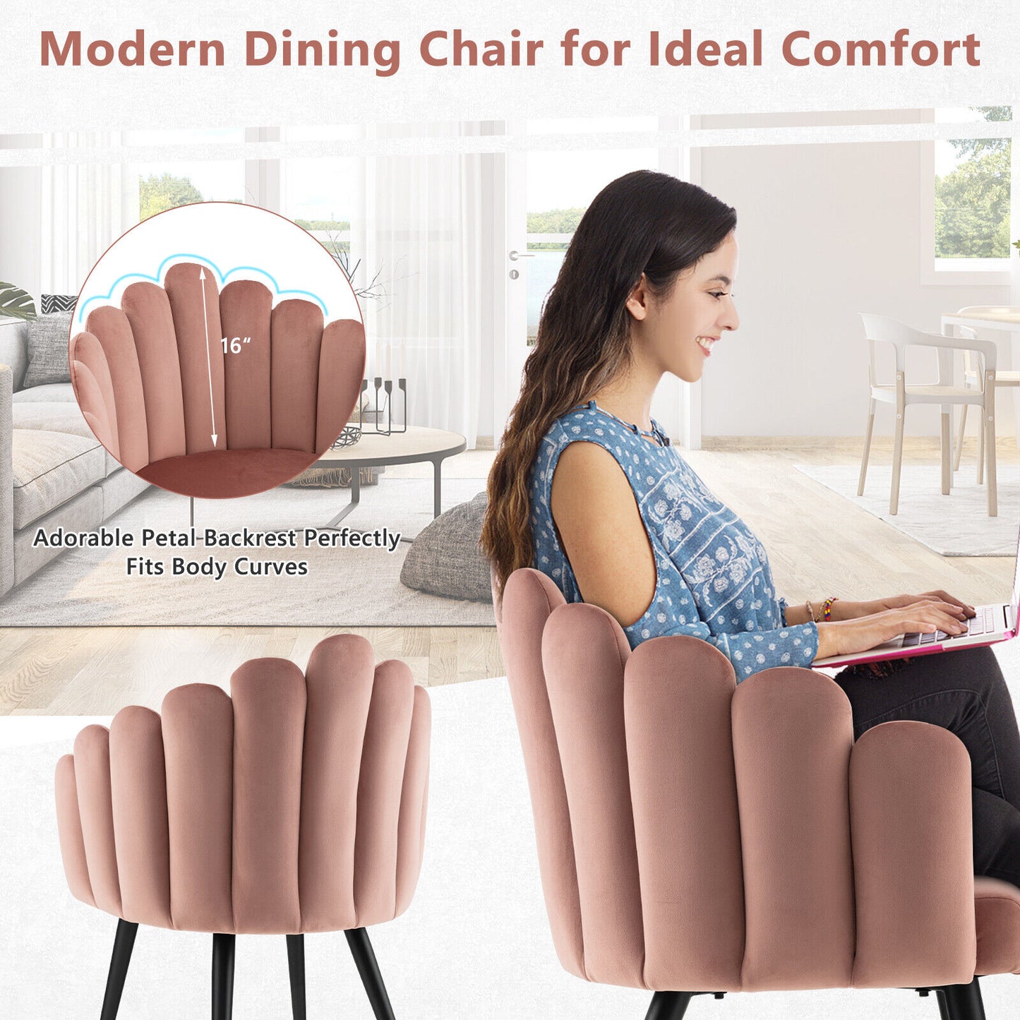 Elegant Velvet Dining Chair with Ergonomic Petal Backrest and Sturdy Metal Base - Pink