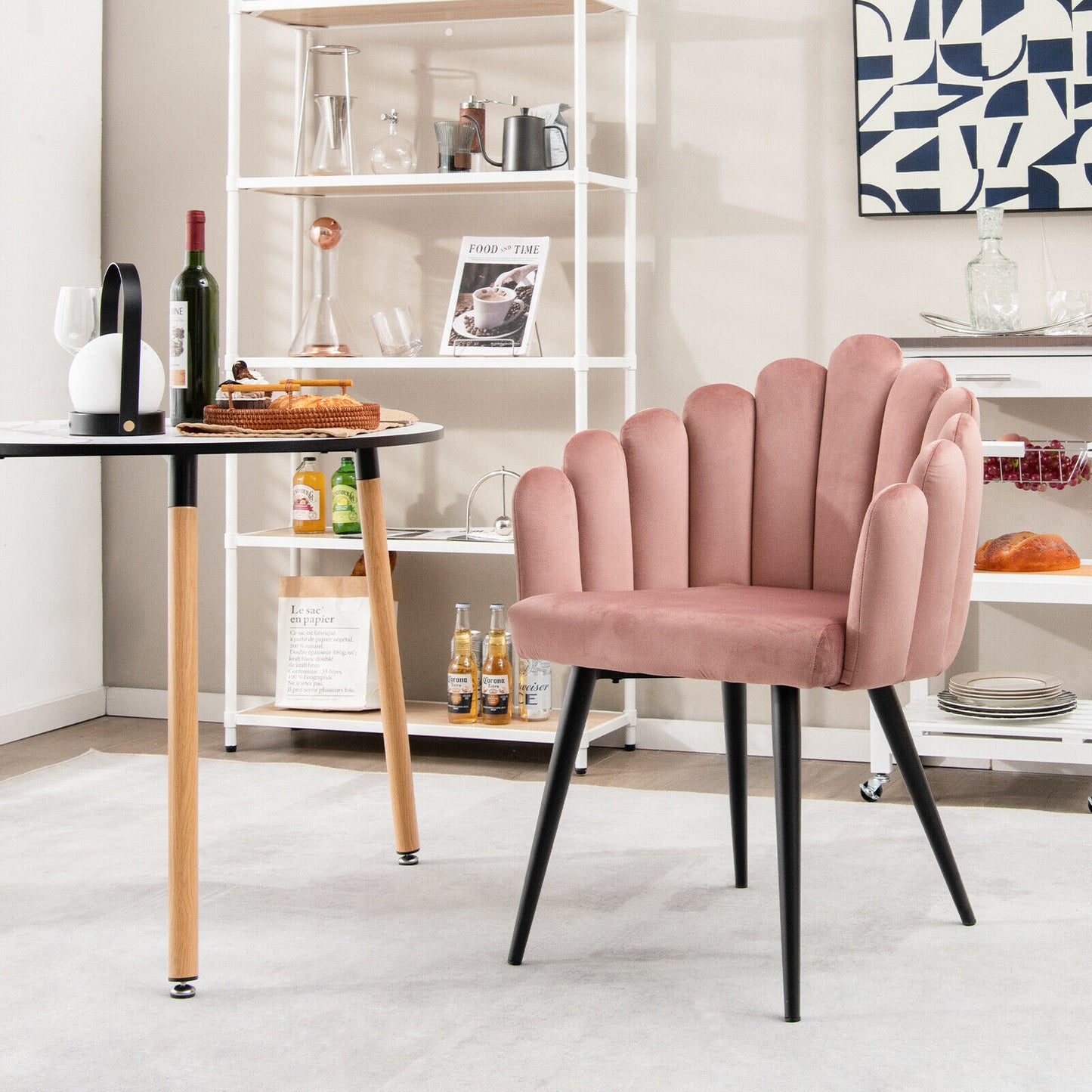 Elegant Velvet Dining Chair with Ergonomic Petal Backrest and Sturdy Metal Base - Pink