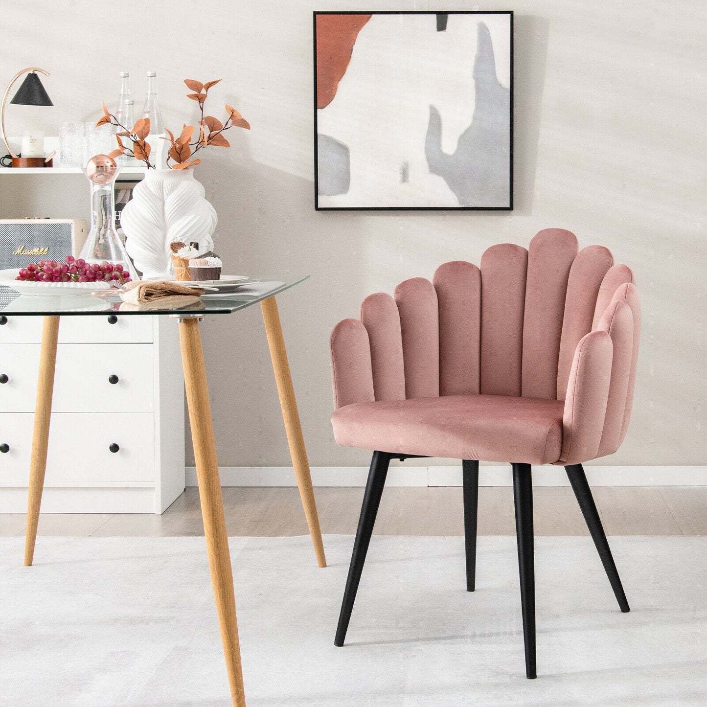 Elegant Velvet Dining Chair with Ergonomic Petal Backrest and Sturdy Metal Base - Pink