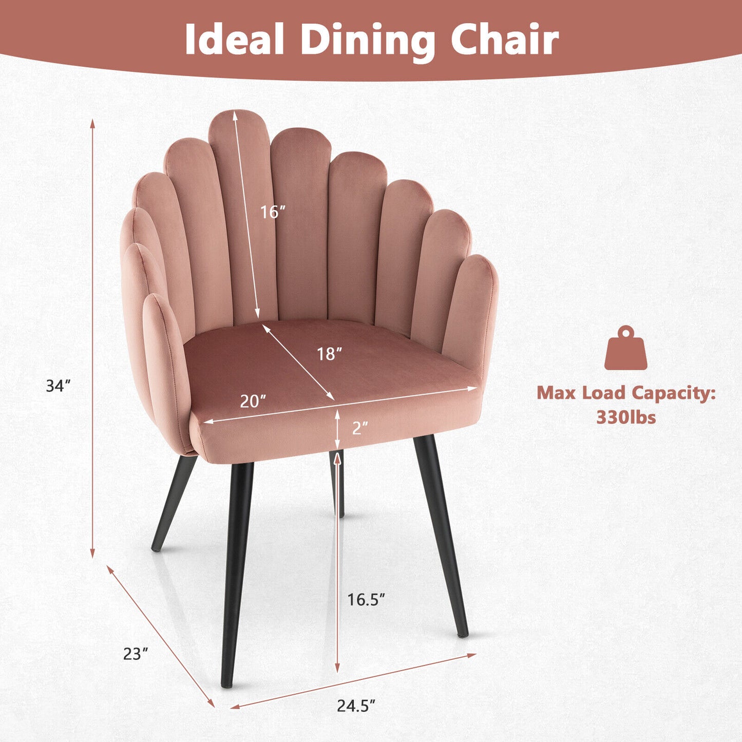 Elegant Velvet Dining Chair with Ergonomic Petal Backrest and Sturdy Metal Base - Pink