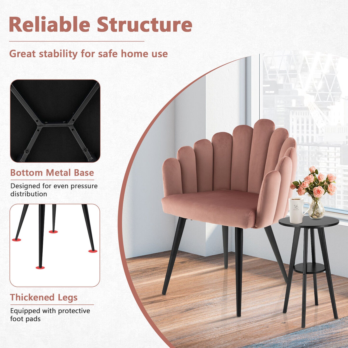 Elegant Velvet Dining Chair with Ergonomic Petal Backrest and Sturdy Metal Base - Pink