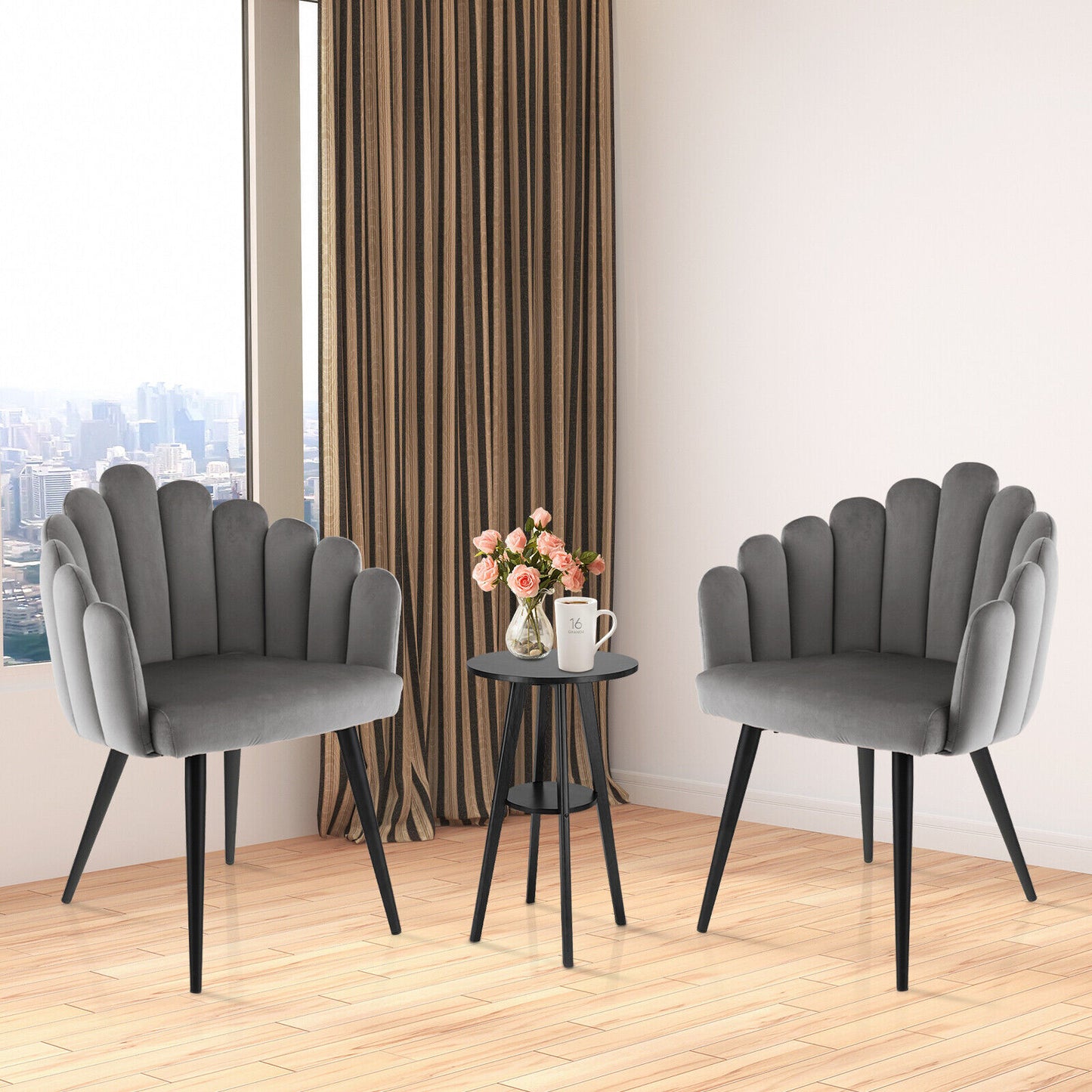 Elegant Velvet Dining Chair with Ergonomic Petal Backrest and Sturdy Metal Base - Grey