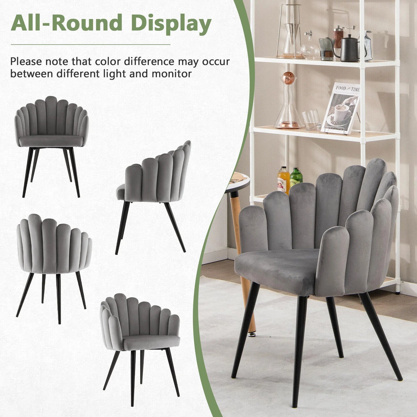 Elegant Velvet Dining Chair with Ergonomic Petal Backrest and Sturdy Metal Base - Grey
