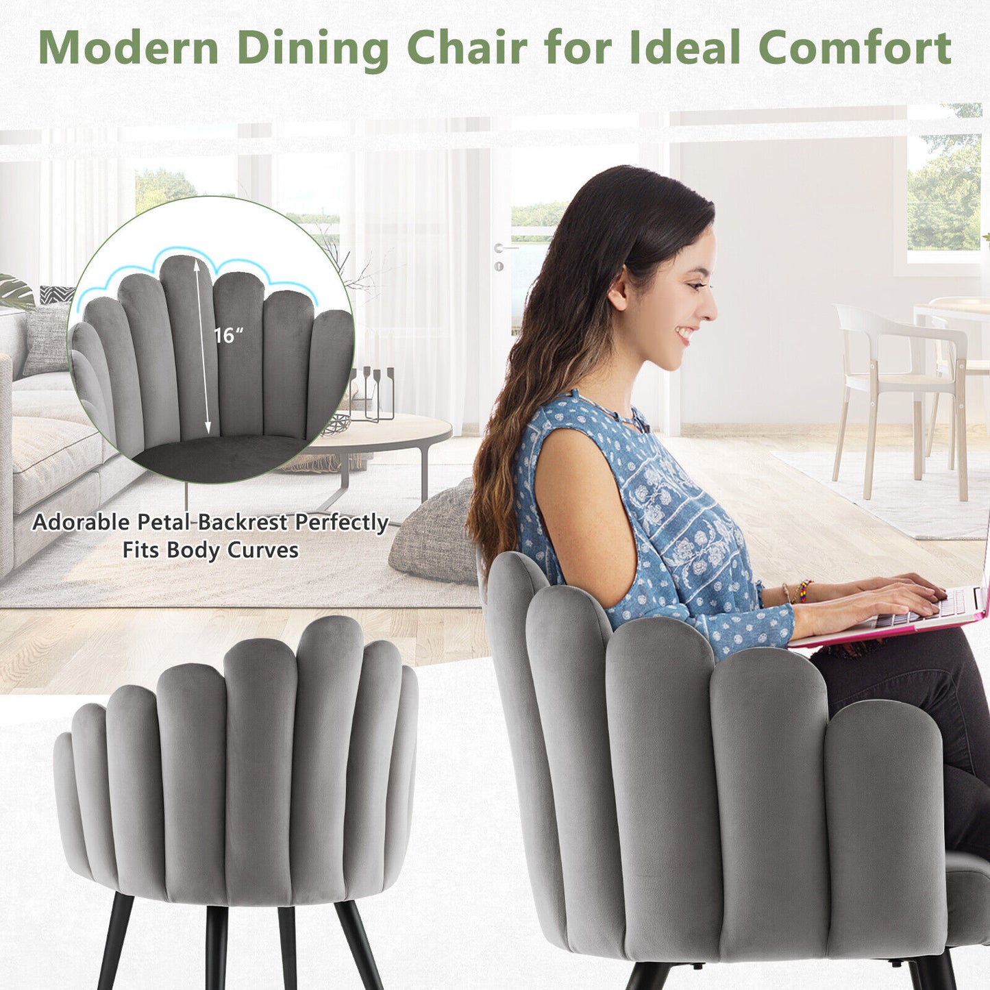 Elegant Velvet Dining Chair with Ergonomic Petal Backrest and Sturdy Metal Base - Grey