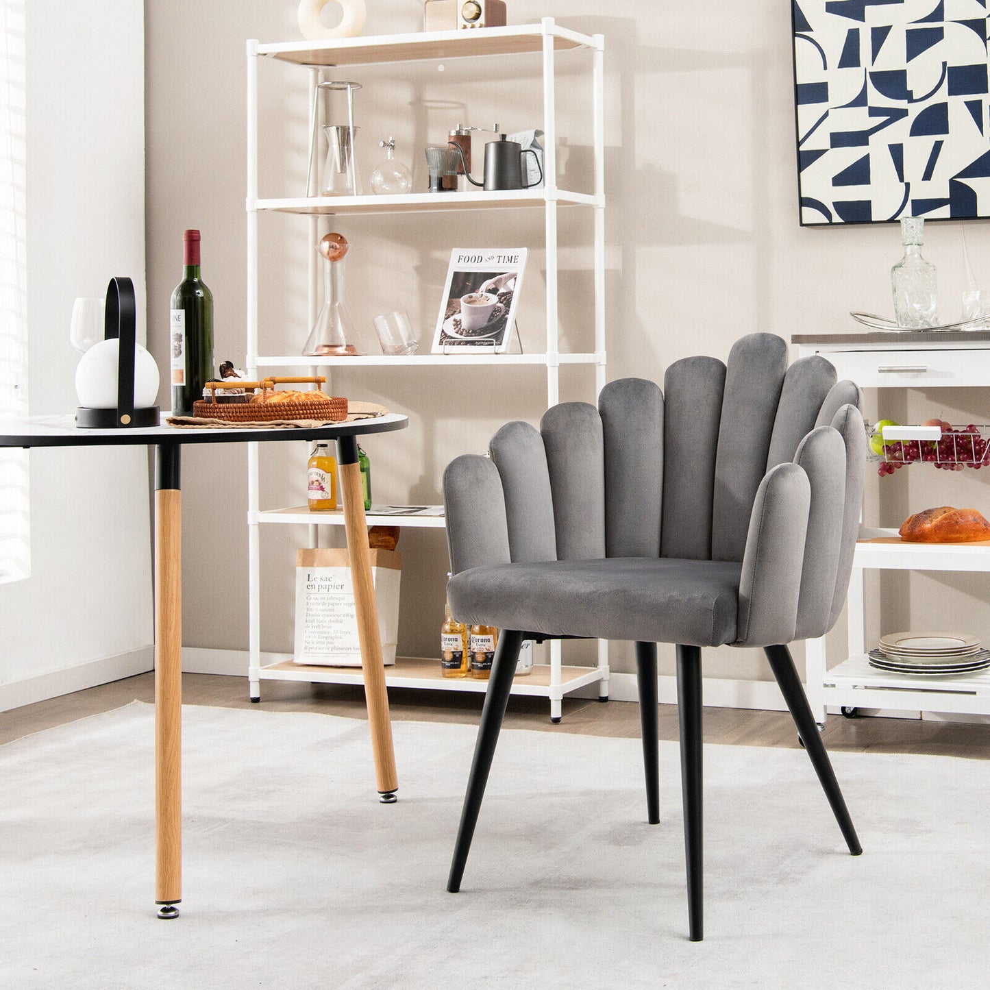 Elegant Velvet Dining Chair with Ergonomic Petal Backrest and Sturdy Metal Base - Grey